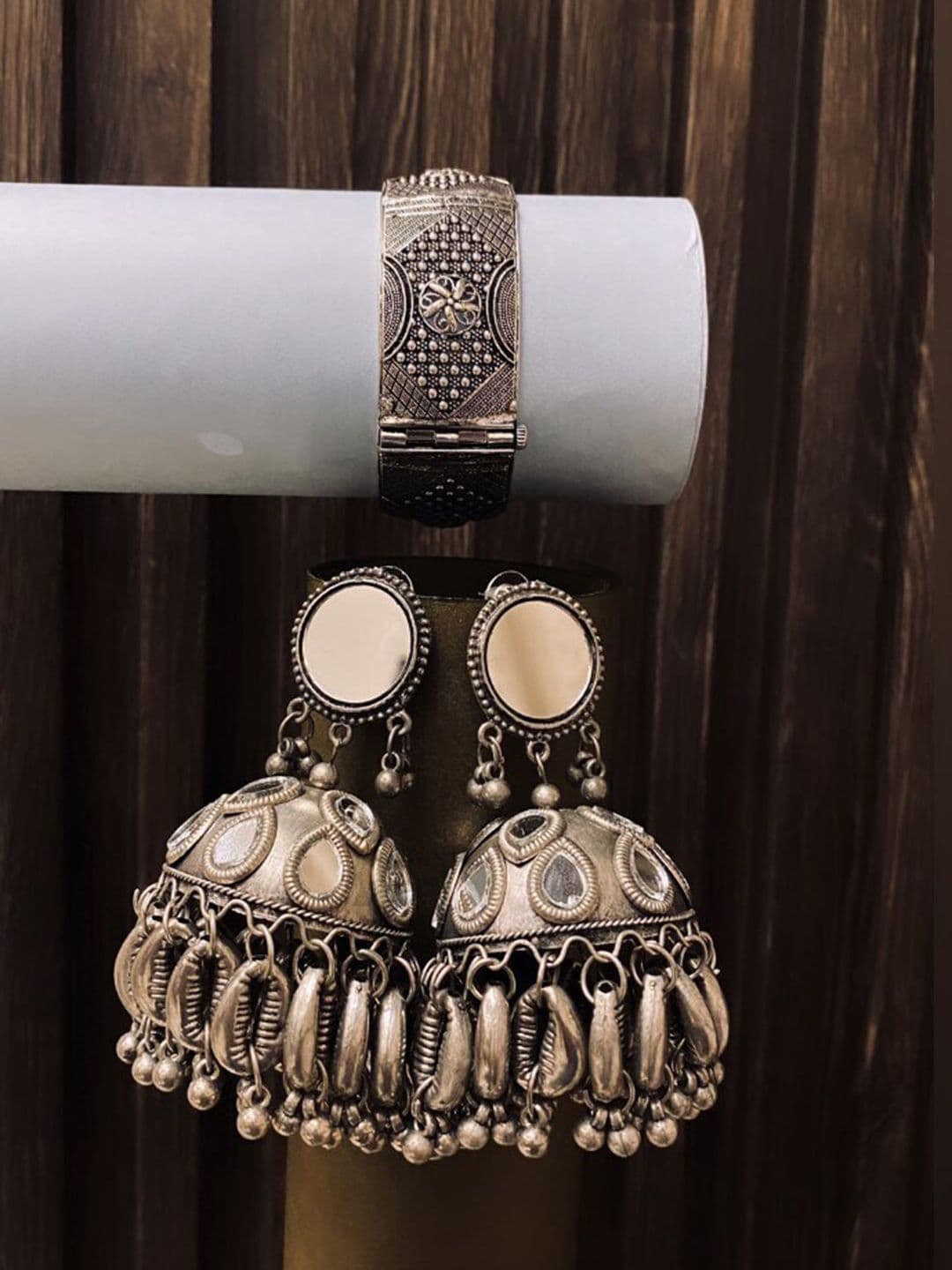 ATIBELLE Set Of 2 Silver-Plated Stone-Studded Earrings With Kada Bangle - Image 1