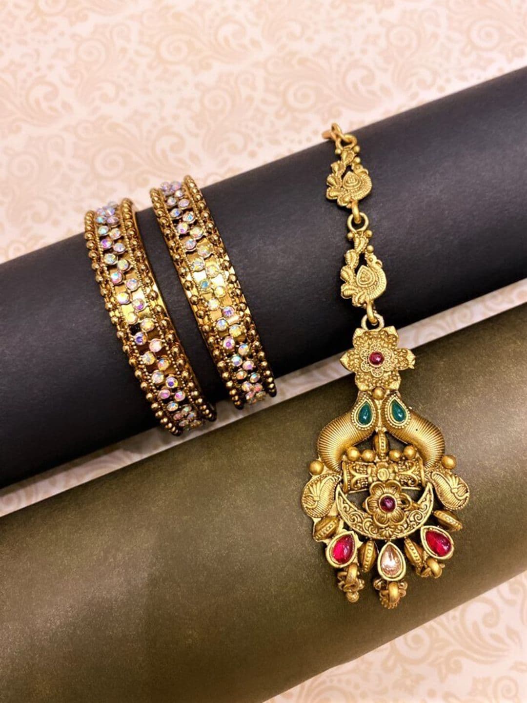 ATIBELLE Set Of 3 Gold-Plated Stone-Studded & Beaded Floral Shaped Jewellery Set - Image 1