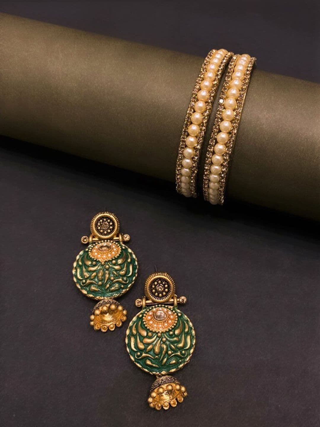 ATIBELLE Set of 3 Gold Plated & Floral Shaped Pearl Stone Studded Jhumkas & Bangles - Image 1