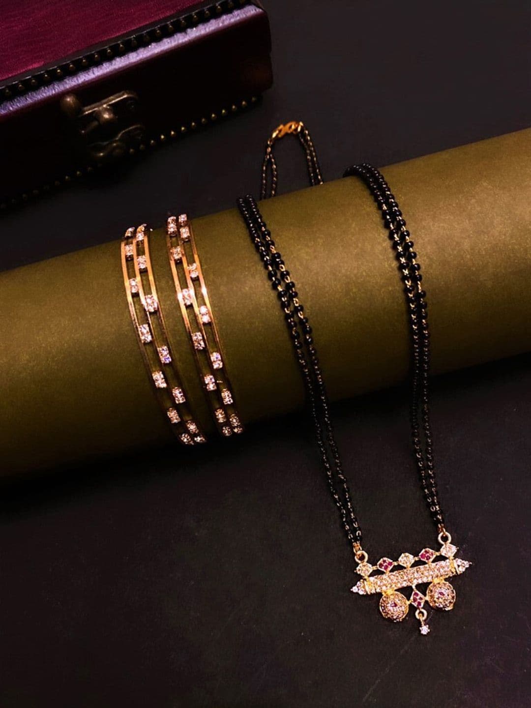 ATIBELLE Rose Gold-Plated CZ Studded & Beaded Mangalsutra with Bangles - Image 1