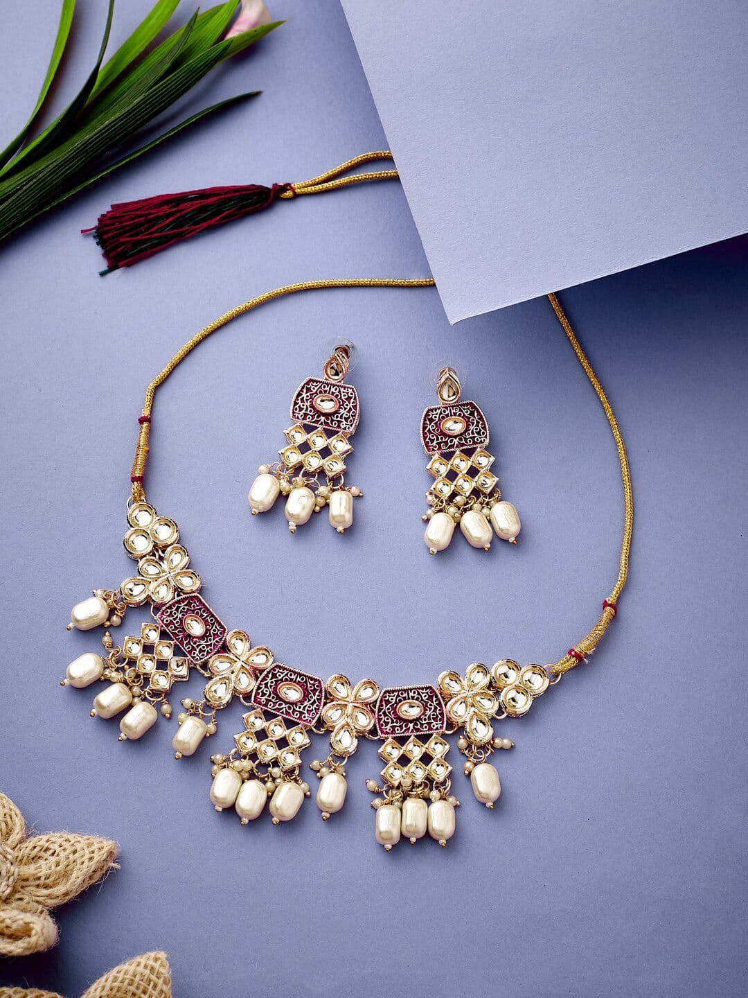 ATIBELLE Gold Plated Kundan Studded & Pearl Beaded Jewellery Set - Image 1