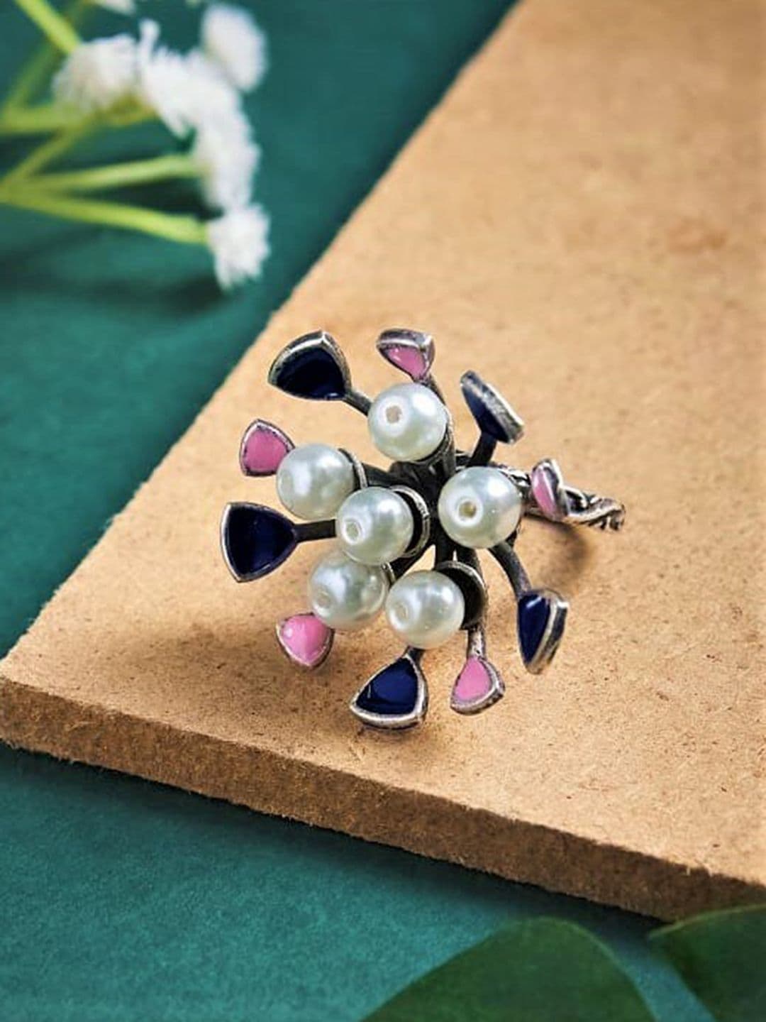 ATIBELLE Silver-Plated Stone Studded & Floral Shaped Adjustable Finger Ring - Image 1
