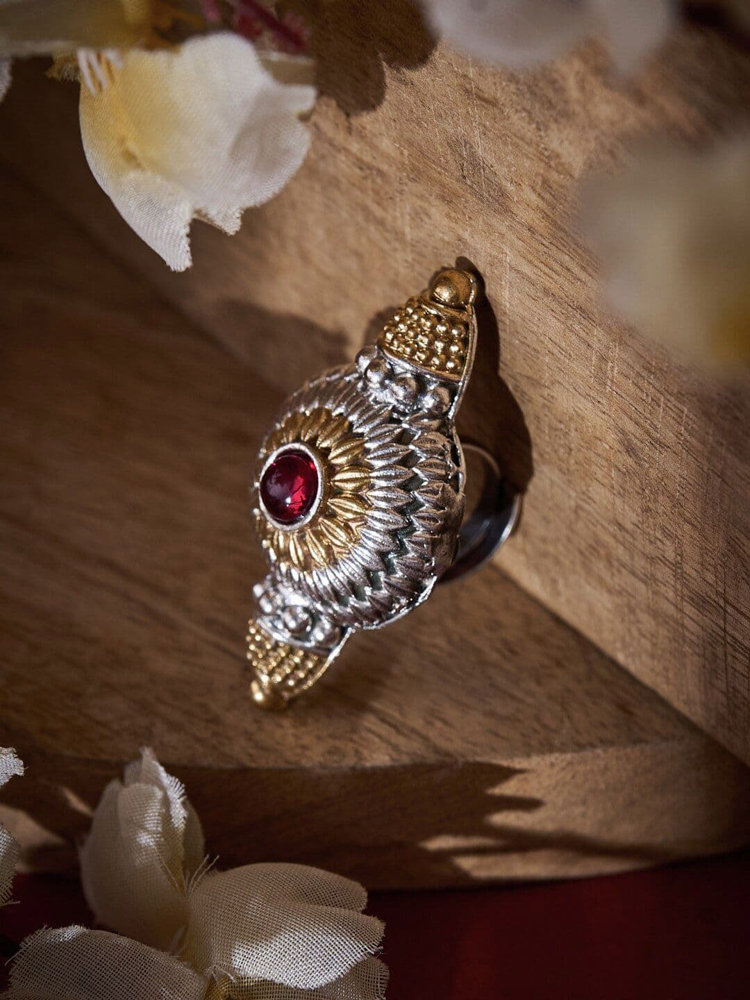 ATIBELLE Gold-Plated Ruby Stone-Studded Adjustable Finger Ring - Image 1