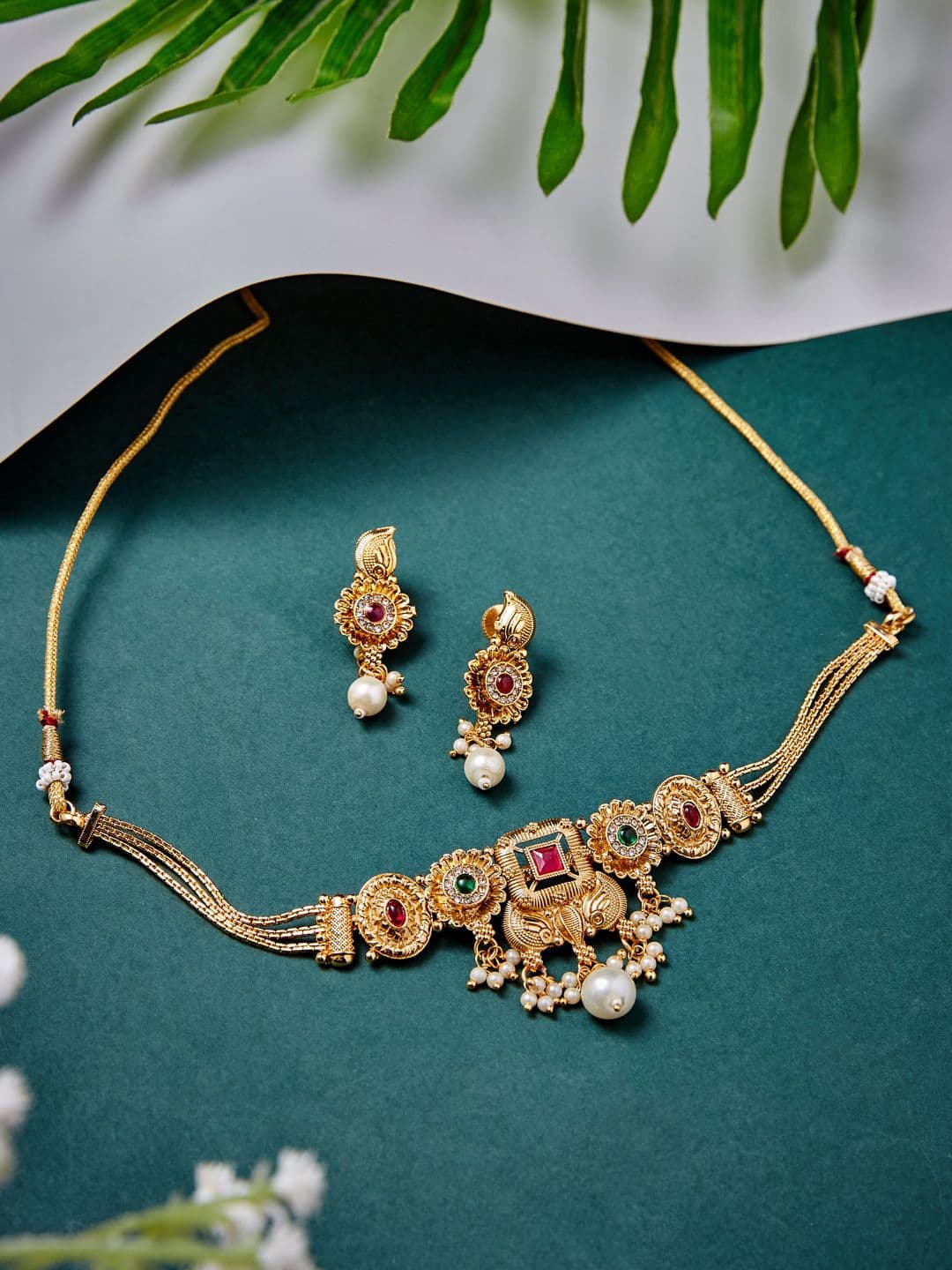 ATIBELLE Gold-Plated Stone-Studded & Beaded Necklace & Earrings - Image 1