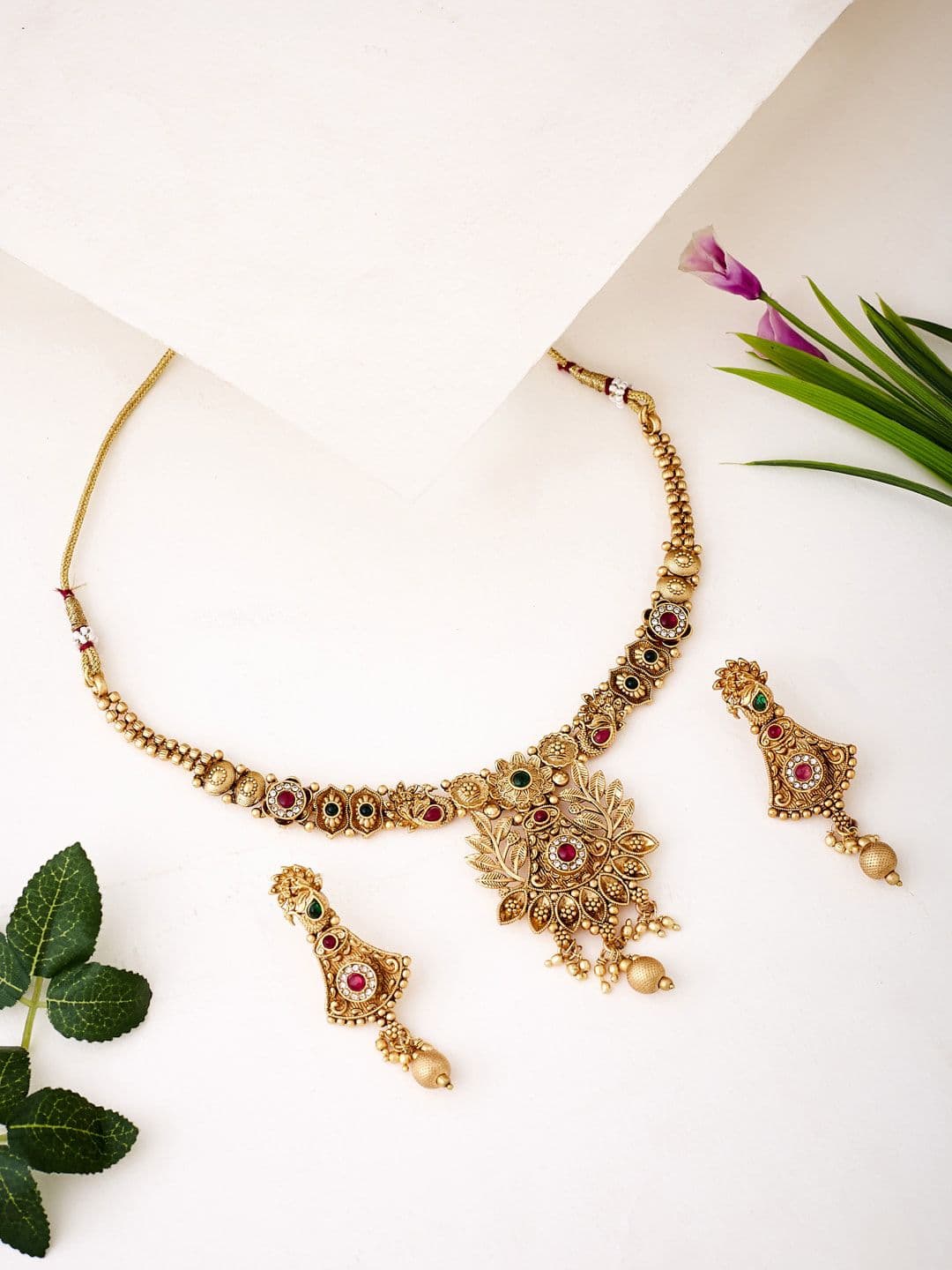 ATIBELLE Gold-Plated Stone-Studded & Beaded Necklace & Earrings - Image 1