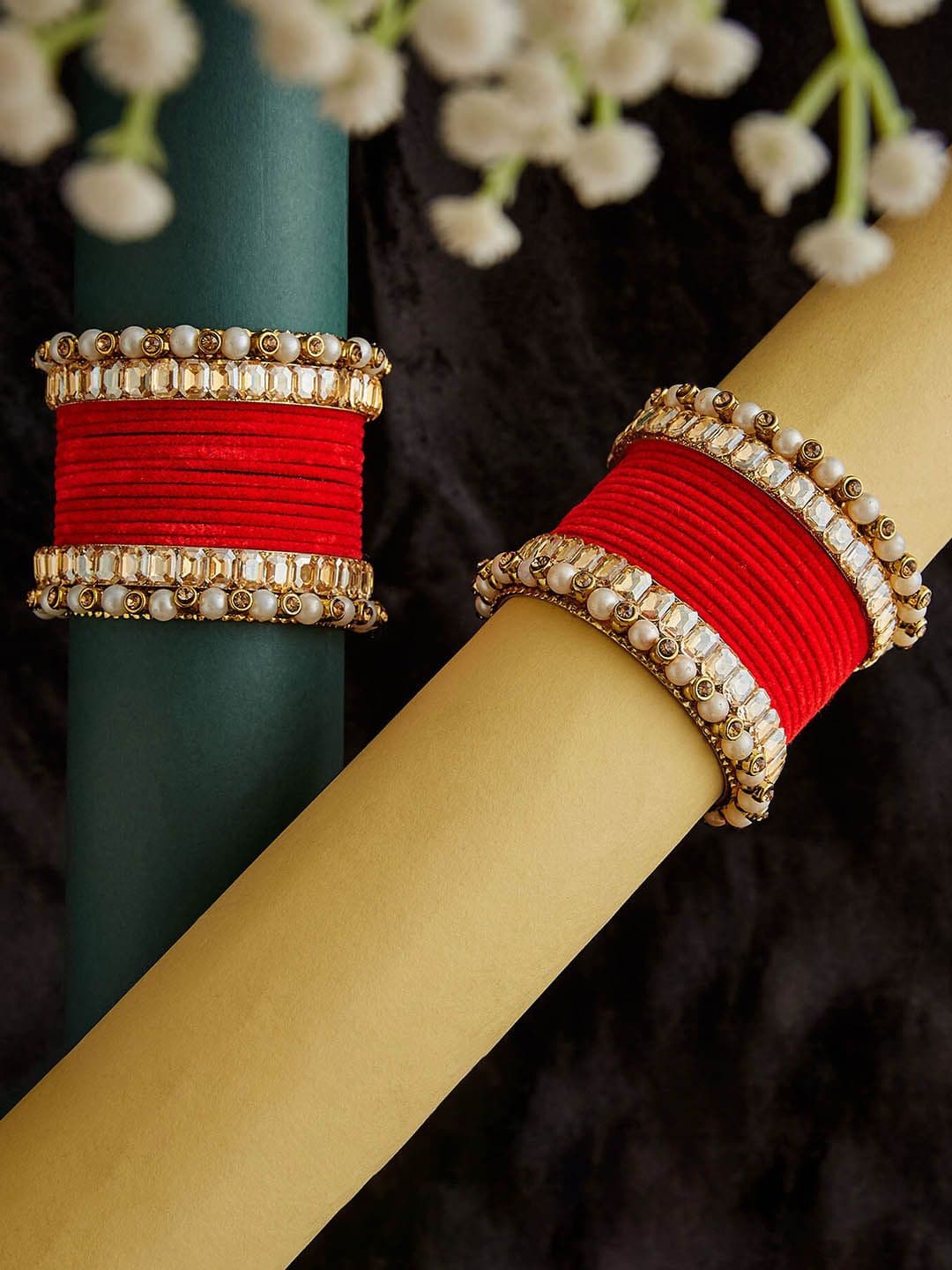 ATIBELLE Set Of 32 Copper-Plated Beads & Kundan Studded Bangles - Image 1