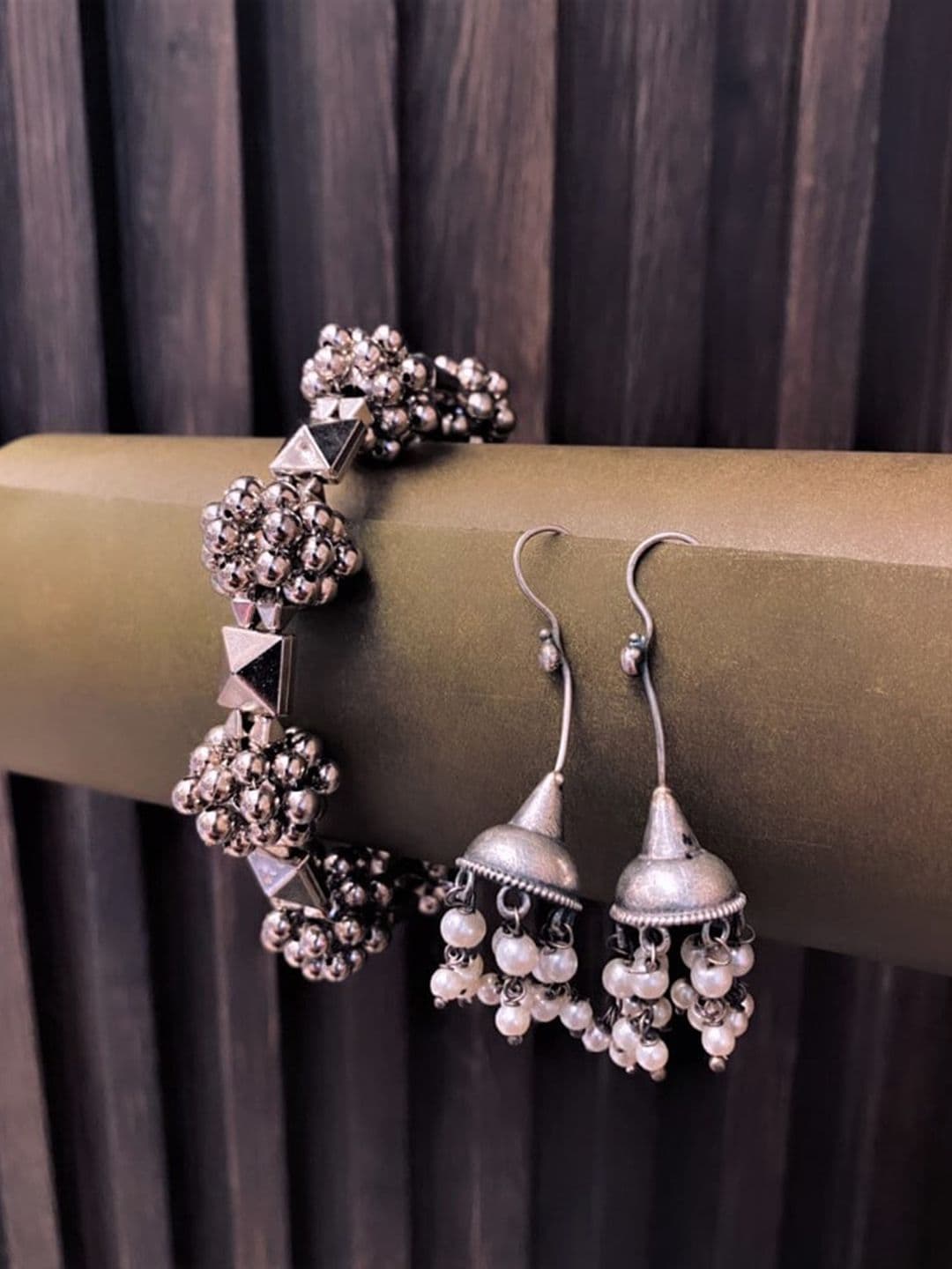 ATIBELLE Silver-Plated Beaded Bracelet & Earrings - Image 1