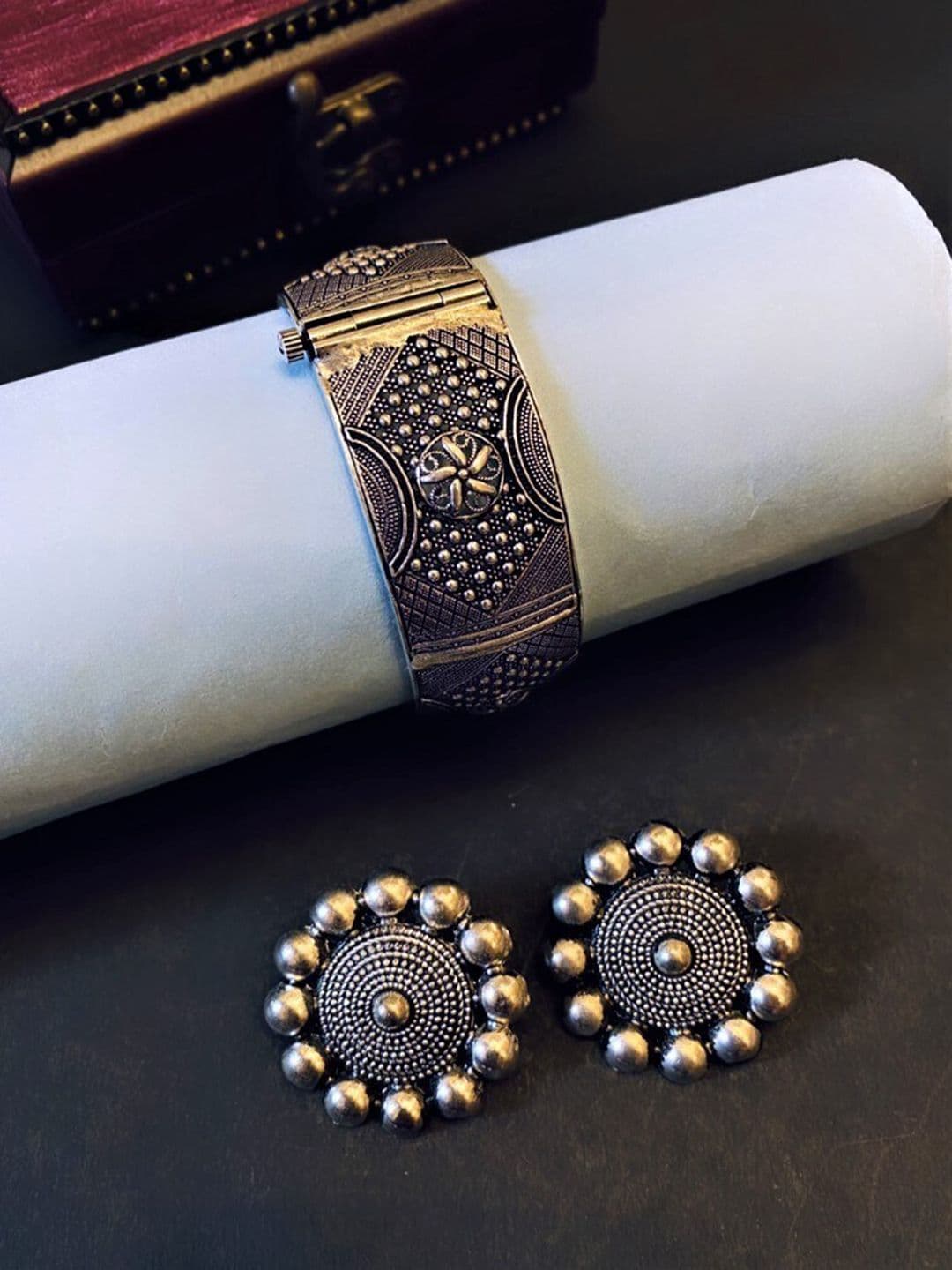 ATIBELLE German Silver Plated Kada Bangle & Earrings - Image 1
