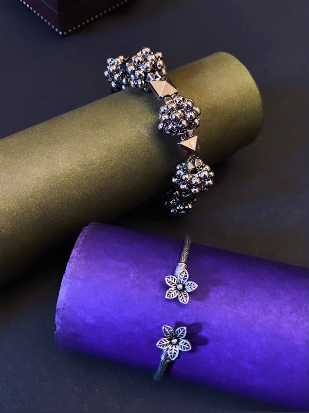 ATIBELLE Set Of 2 Silver-Plated & Floral Shaped Adjustable Bangles - Image 1