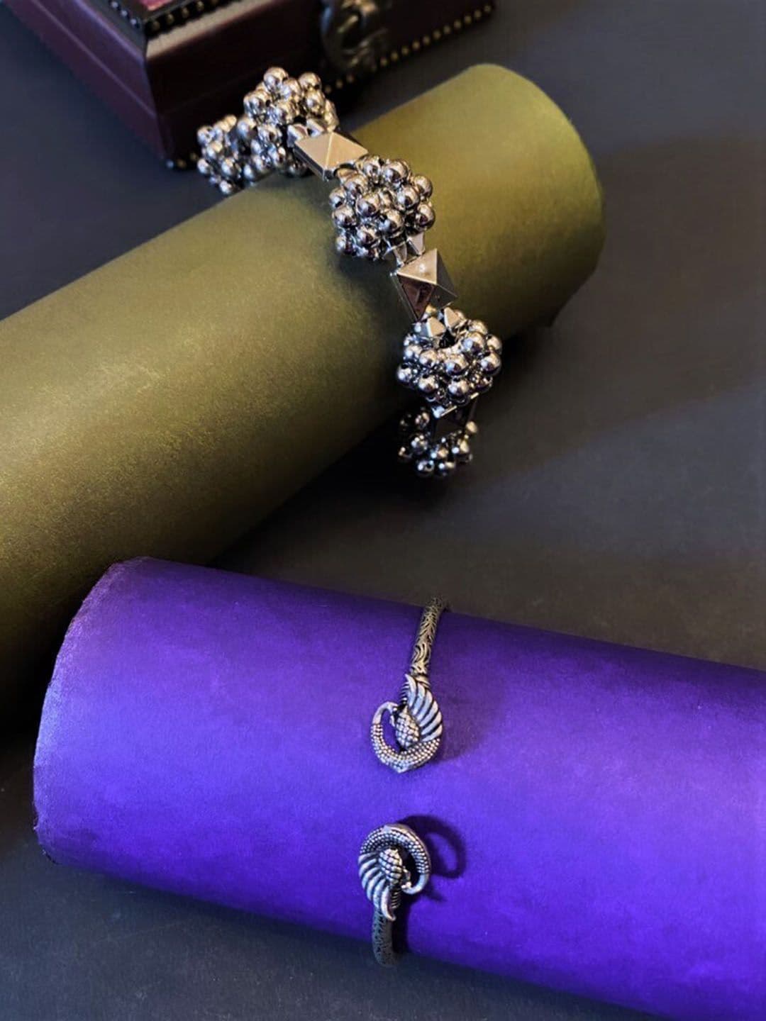 ATIBELLE Set Of 2 Silver-Plated & Peacock Shaped Adjustable Bangles - Image 1