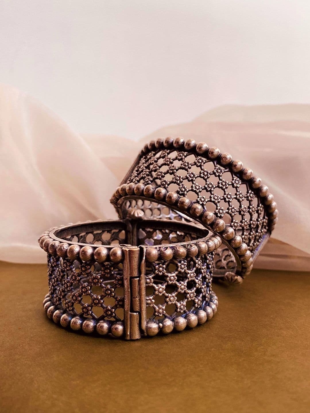 ATIBELLE Set Of 2 German Silver-Plated Oxidised Kada Bangles