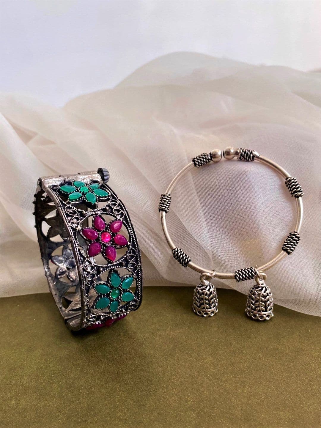 ATIBELLE Set Of 2 Silver-Plated Stones-Studded & Jhumki Drop Oxidised Kada Bangles