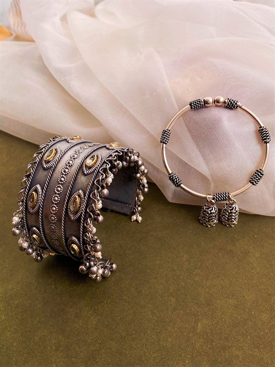 ATIBELLE Set Of 2 German Silver-Plated Kundan Studded Bangles With Jhumki Drop
