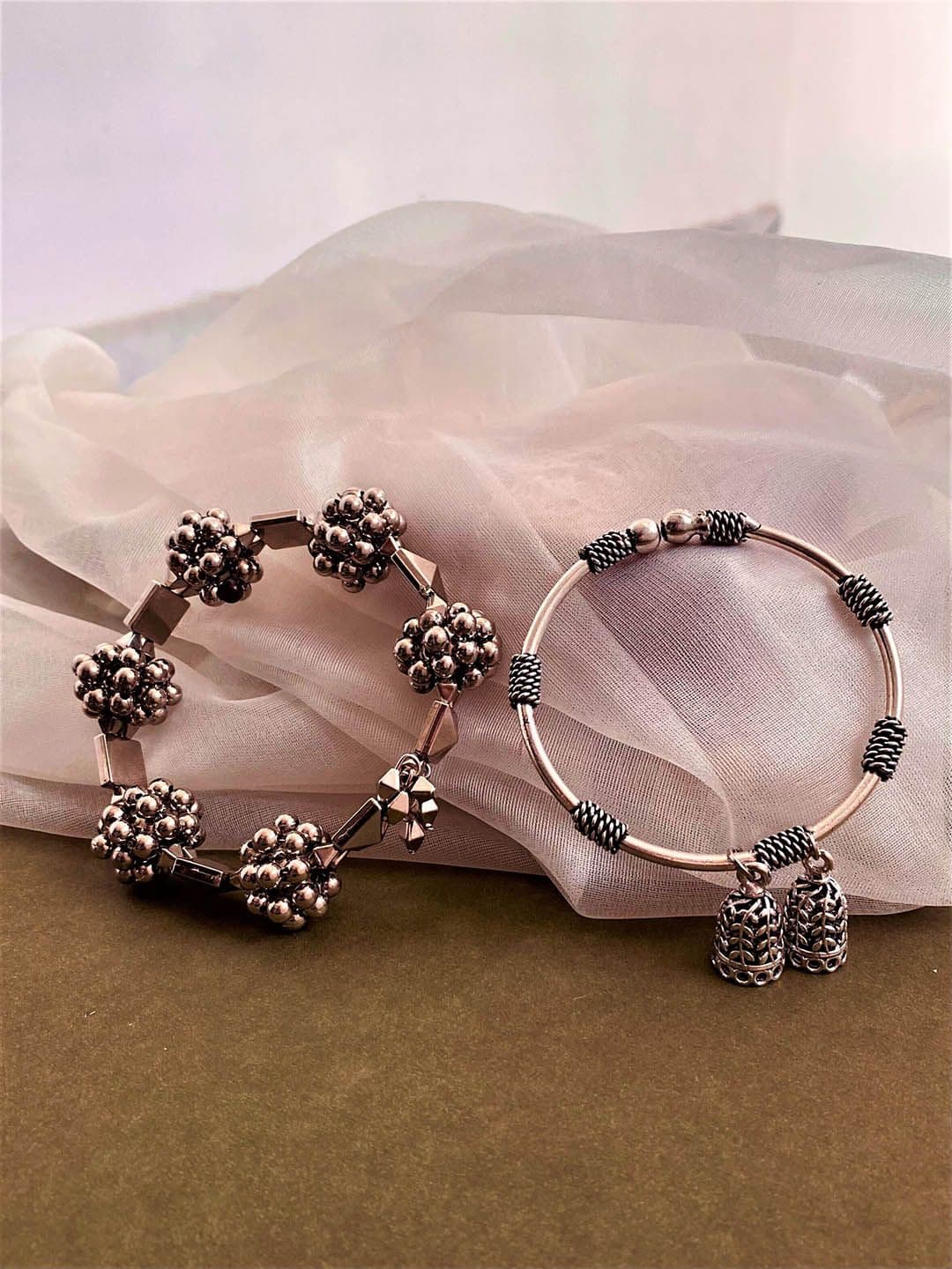 ATIBELLE Set Of 2 German Silver-Plated Oxidised Bangles With Jhumki Drop