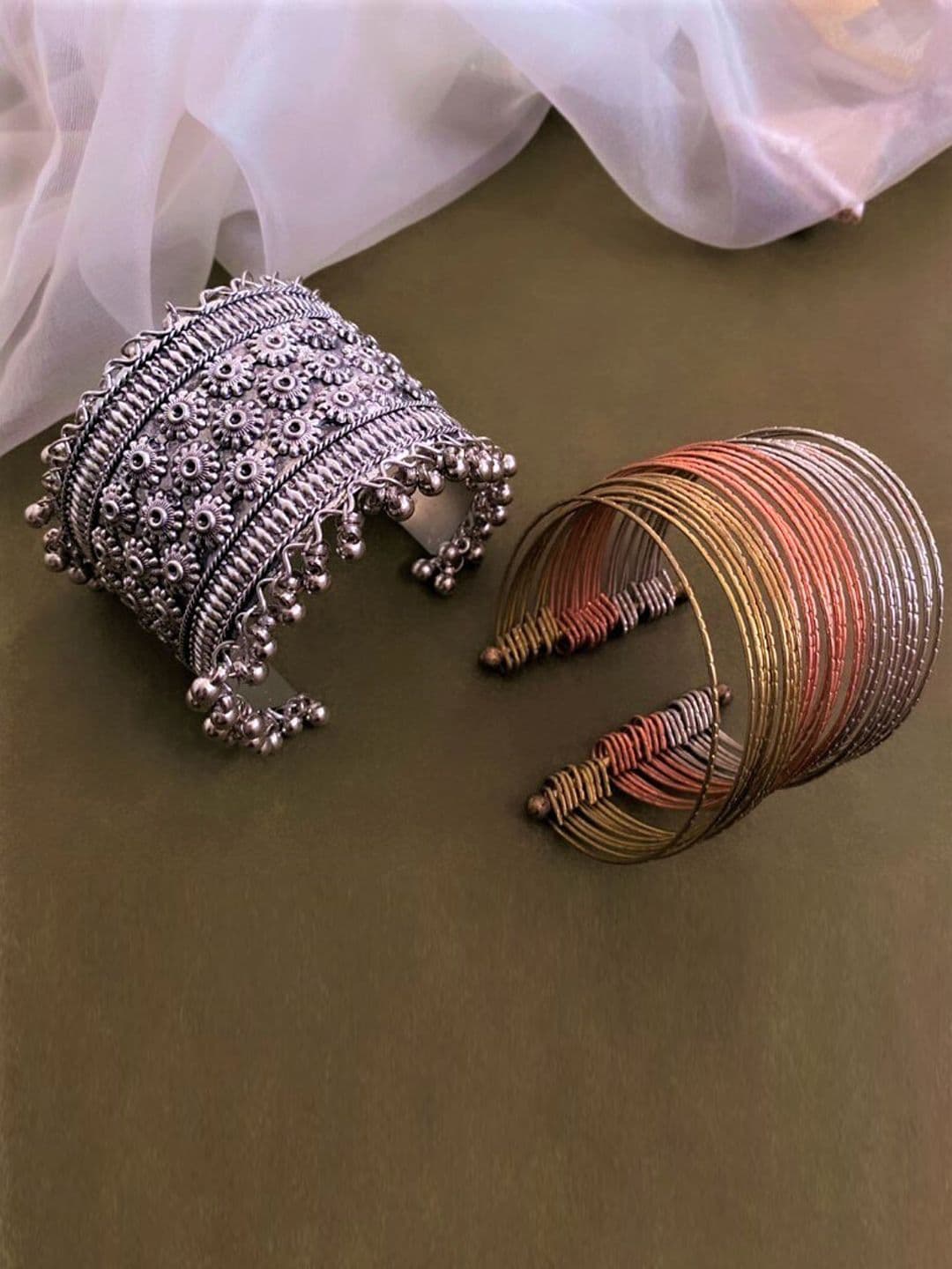ATIBELLE Set Of 2 Silver-Plated Ghunghroo Stone Studded Bangles - Image 1