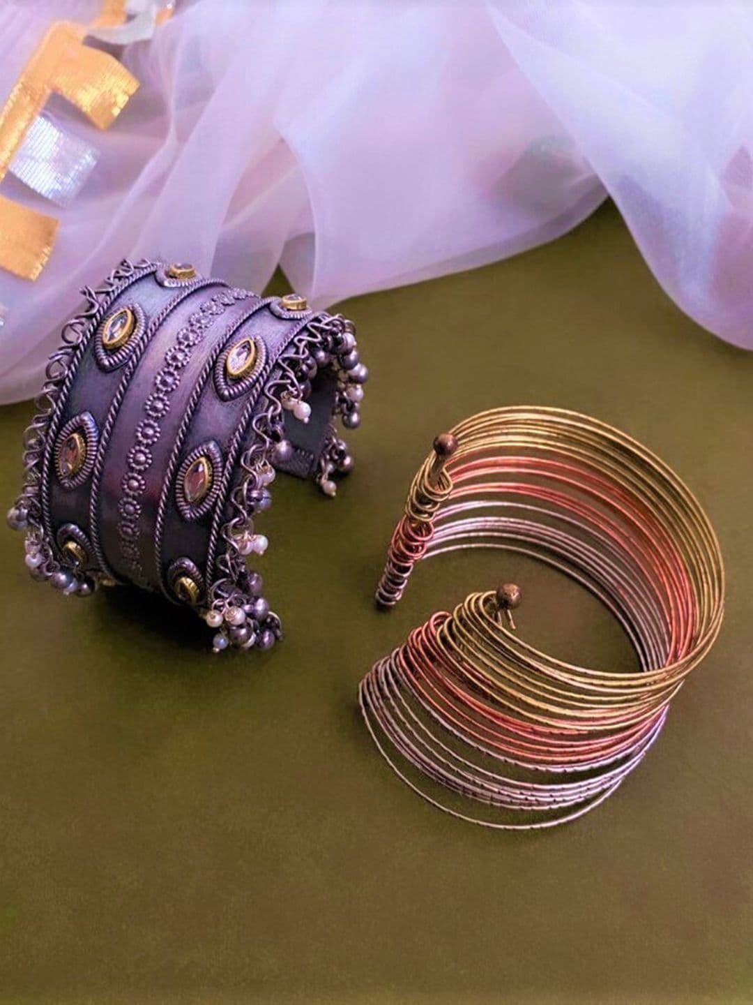 ATIBELLE Set Of 2 Silver-Plated Kundan-Studded Bangles - Image 1