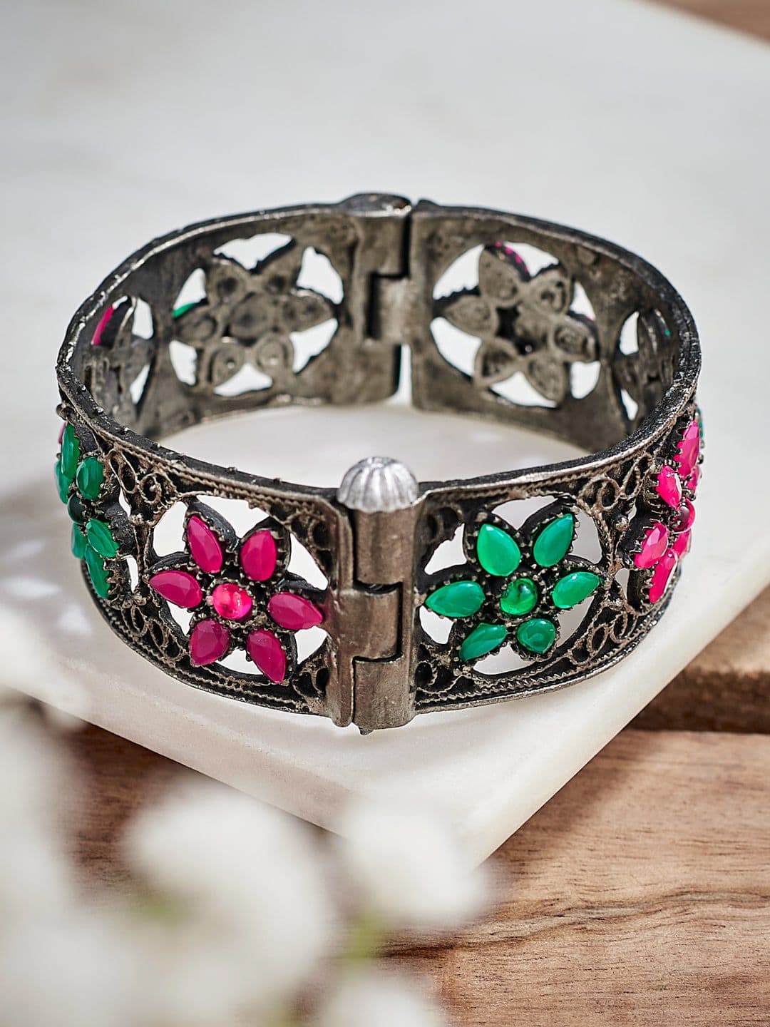 ATIBELLE Silver-Plated Stone-Studded Floral Shaped Kada Bangle - Image 1
