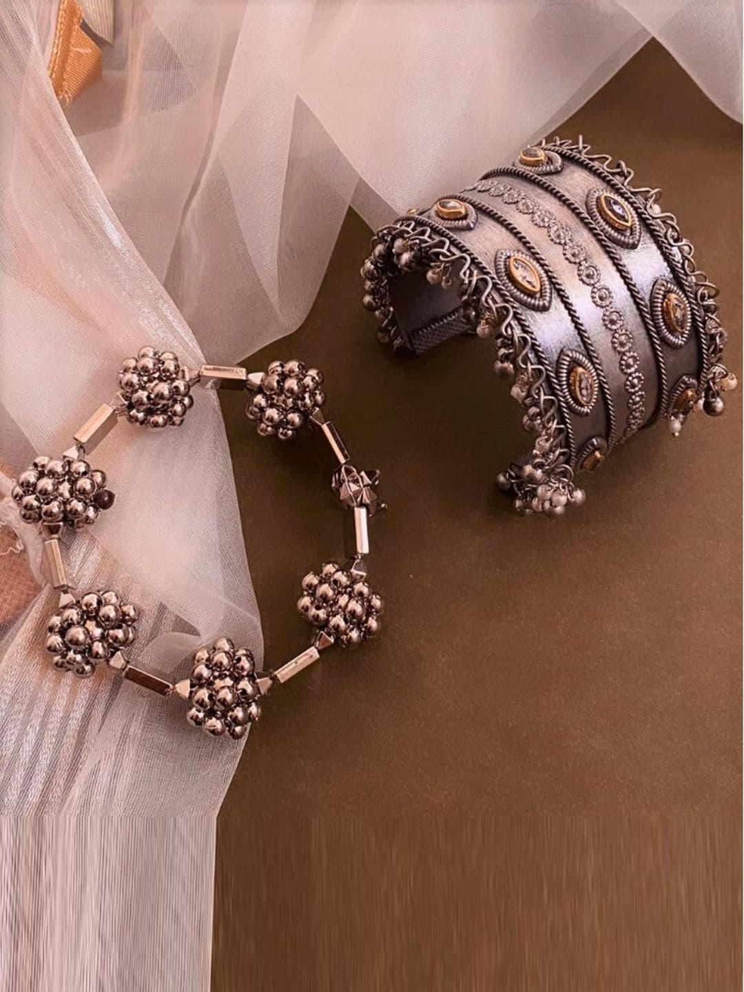 ATIBELLE Set Of 2 Silver-Plated Kundan Studded Contemporary Bangles - Image 1