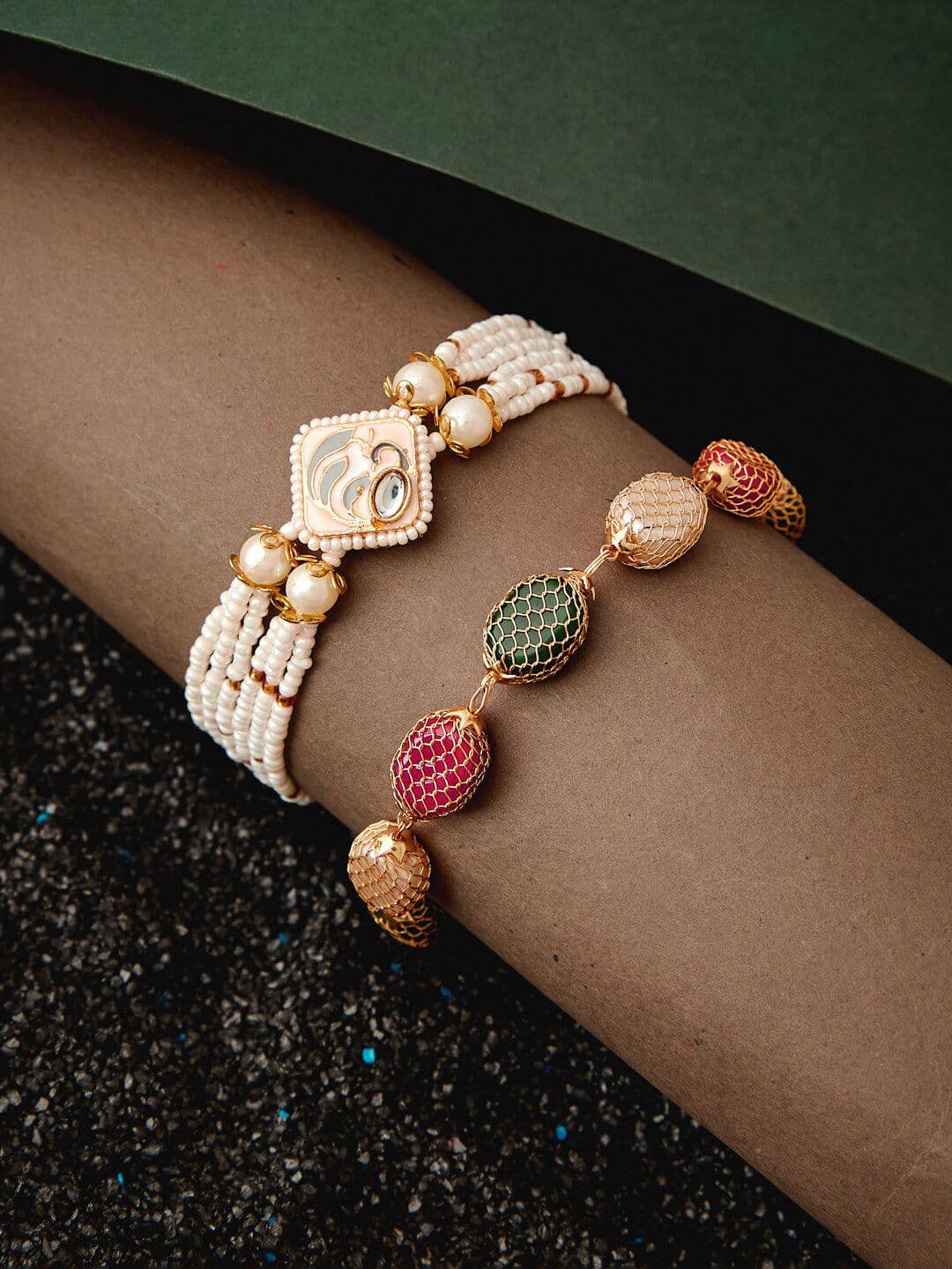 ATIBELLE Set Of 2 Gold-Plated Beaded Link Bracelet