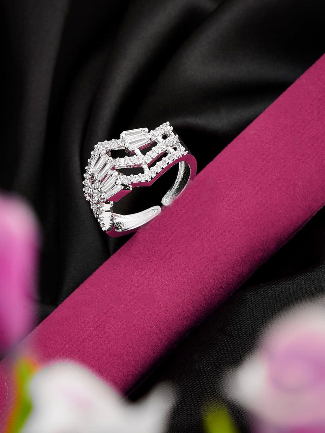 ATIBELLE Silver Plated CZ Studded Adjustable Finger Ring - Image 1