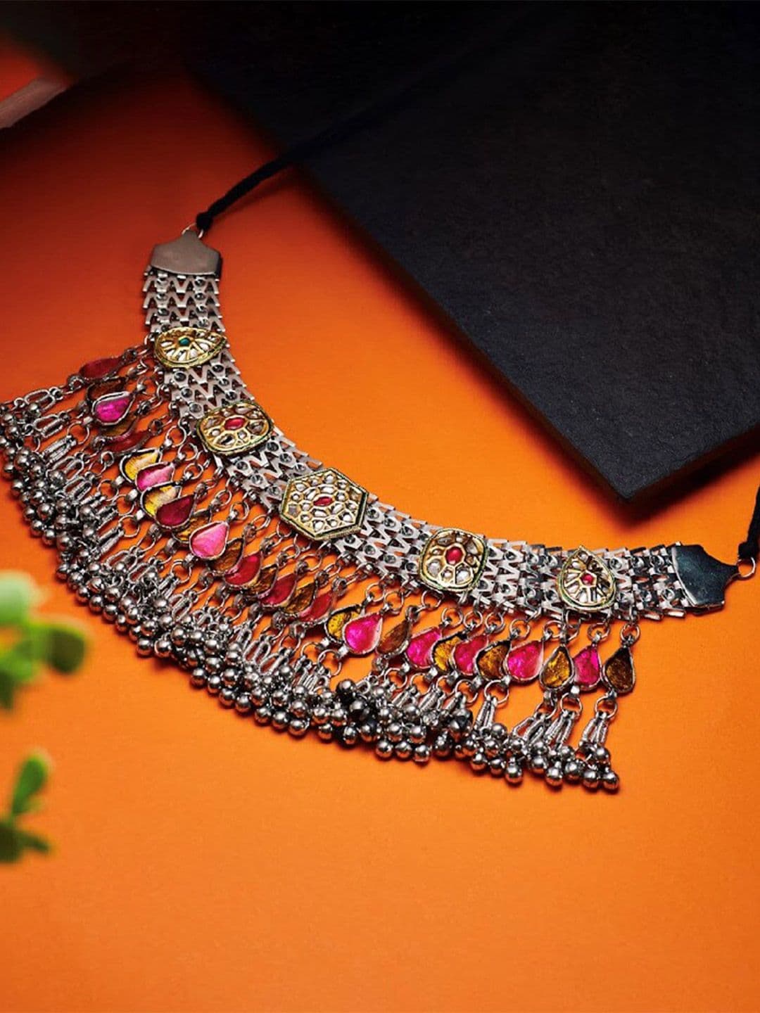 ATIBELLE Silver-Plated Kundan Studded Statement Necklace - Image 1
