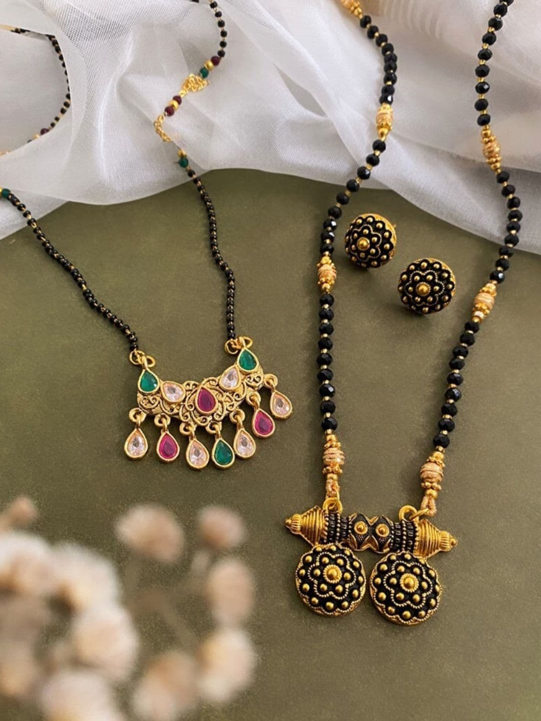 ATIBELLE Set Of 2 Gold Plated & Stone Studded Mangalsutra & Earrings - Image 1