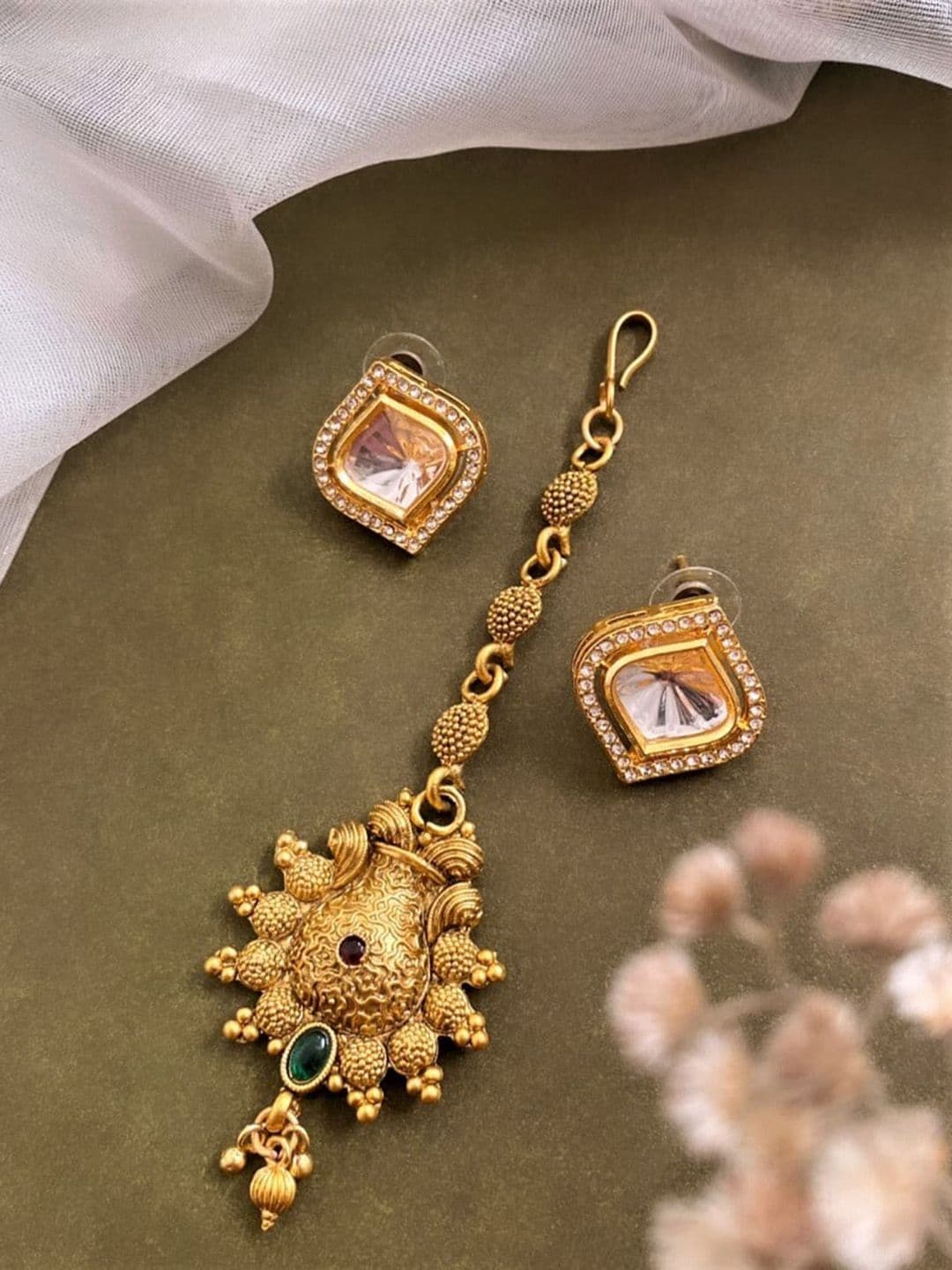 ATIBELLE Gold-Plated Kundan Studded Maang Tikka & Earring Set - Image 1