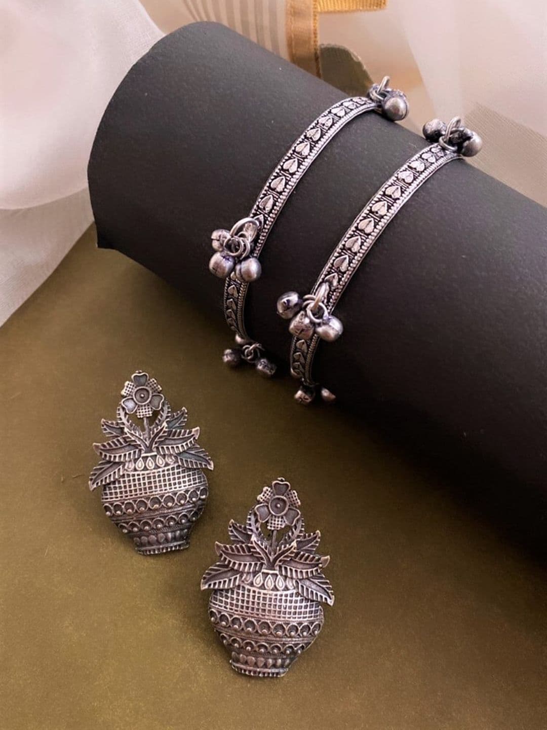 ATIBELLE Silver-Plated Floral Shaped Bangles & Drop Earrings Jewellery Set - Image 1