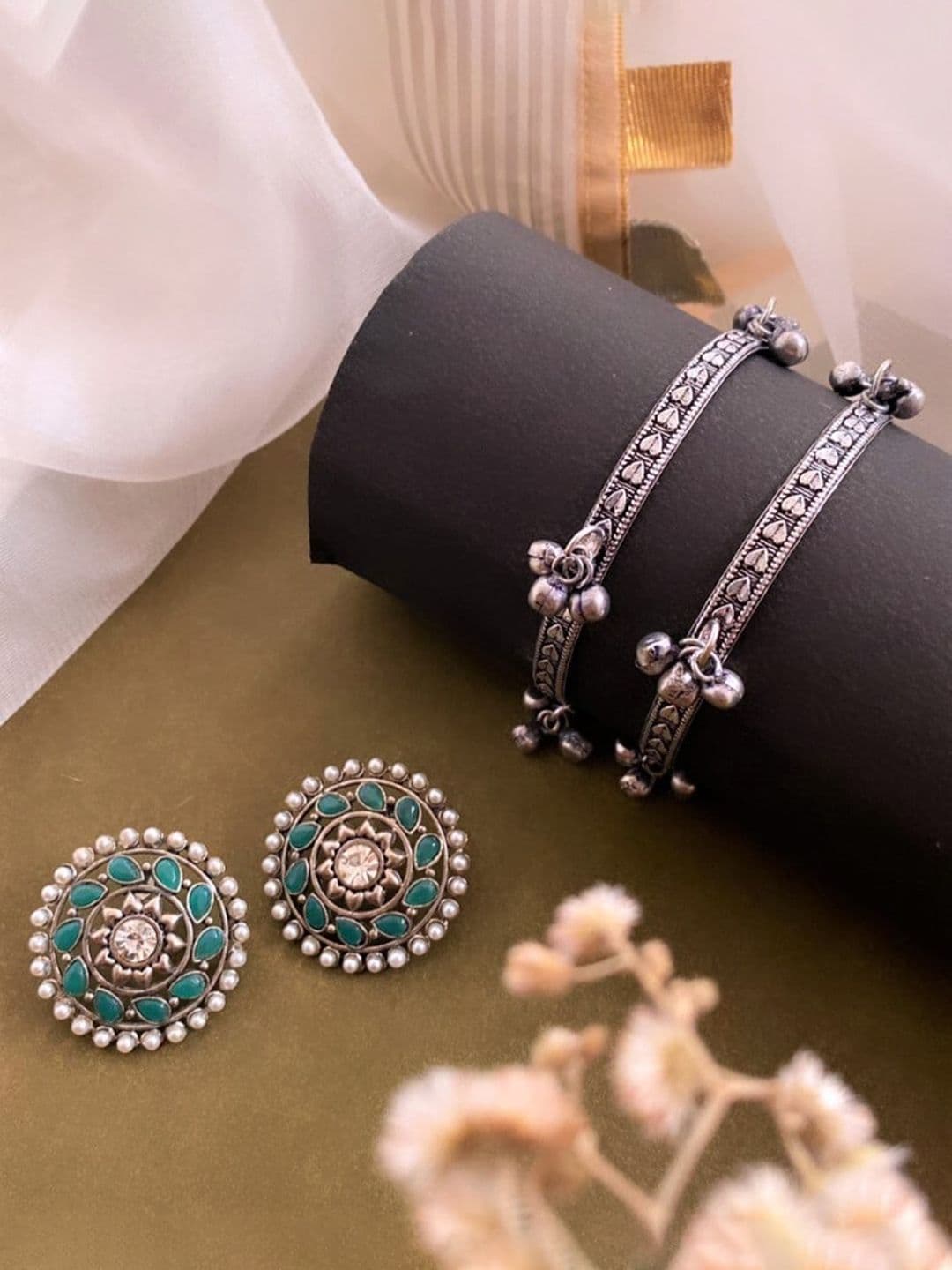 ATIBELLE Set Of 3 German Silver-Plated Stone Studded Floral Shaped Bangles & Earrings - Image 1