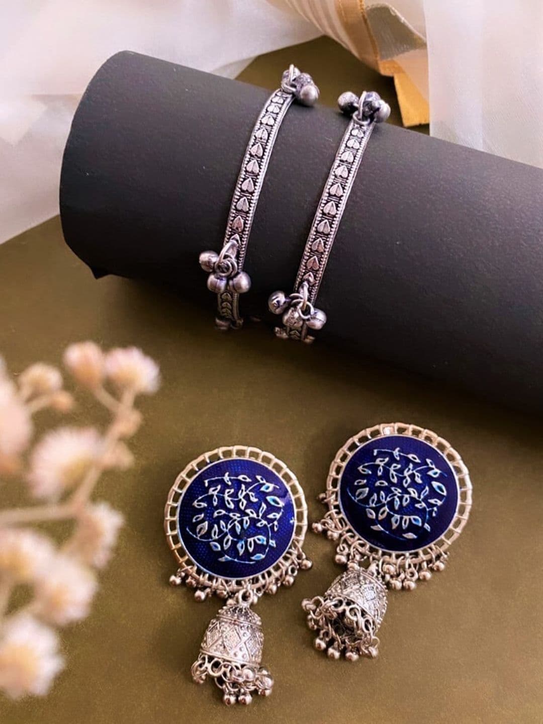 ATIBELLE Silver-Plated Floral Shaped Bangles & Jhumka Earrings Jewellery Set - Image 1