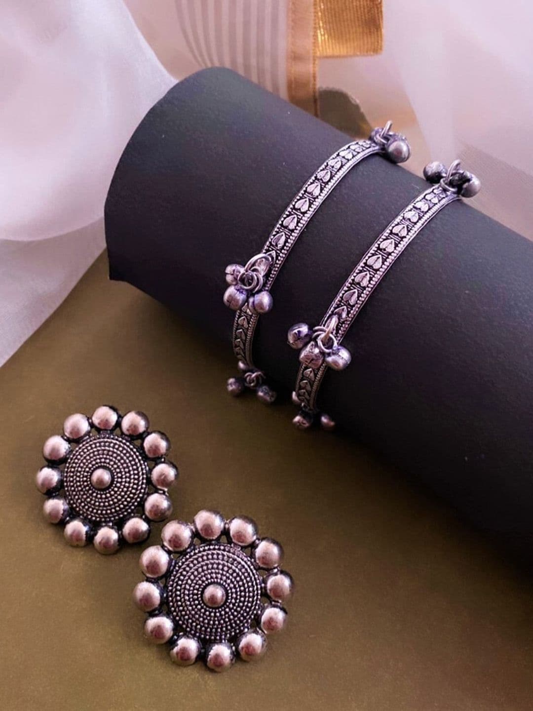 ATIBELLE Silver-Plated Floral Shaped Bangles & Stud Earrings Jewellery Set - Image 1