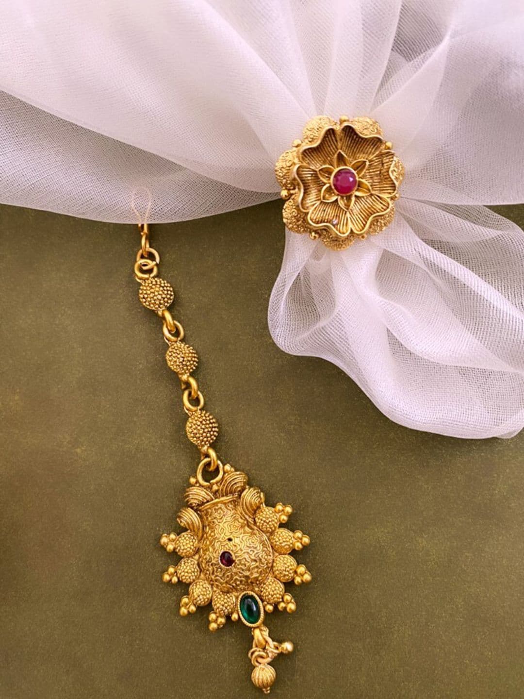ATIBELLE Gold-Plated Stone-Studded Maang Tika & Finger Ring Jewellery Set