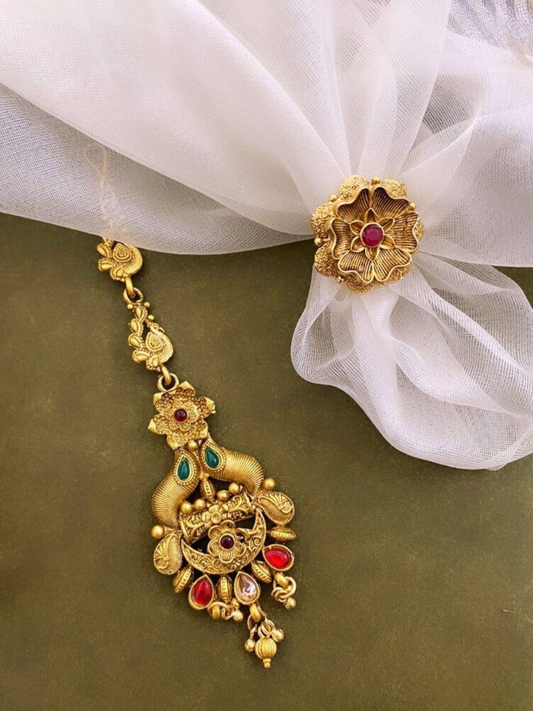 ATIBELLE Gold-Plated Stone-Studded Maang Tika & Finger Ring Jewellery Set - Image 1
