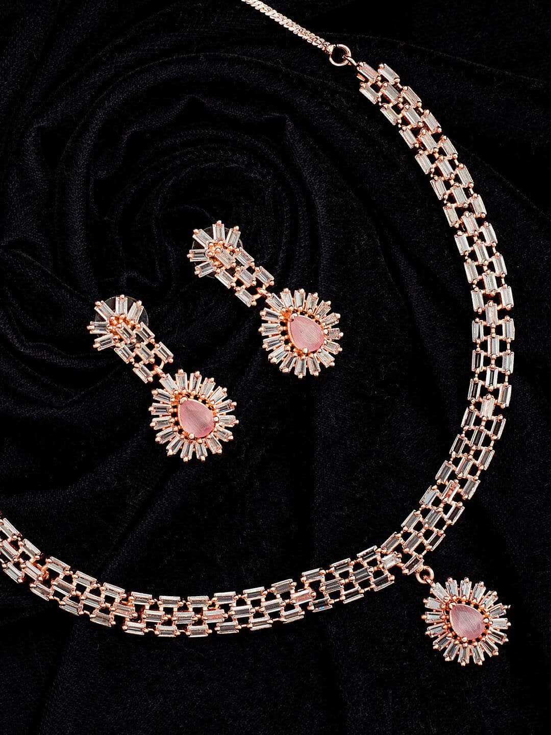 ATIBELLE Rose Gold-Plated Cubic Zirconia-Studded Necklace and Earrings Jewellery Set