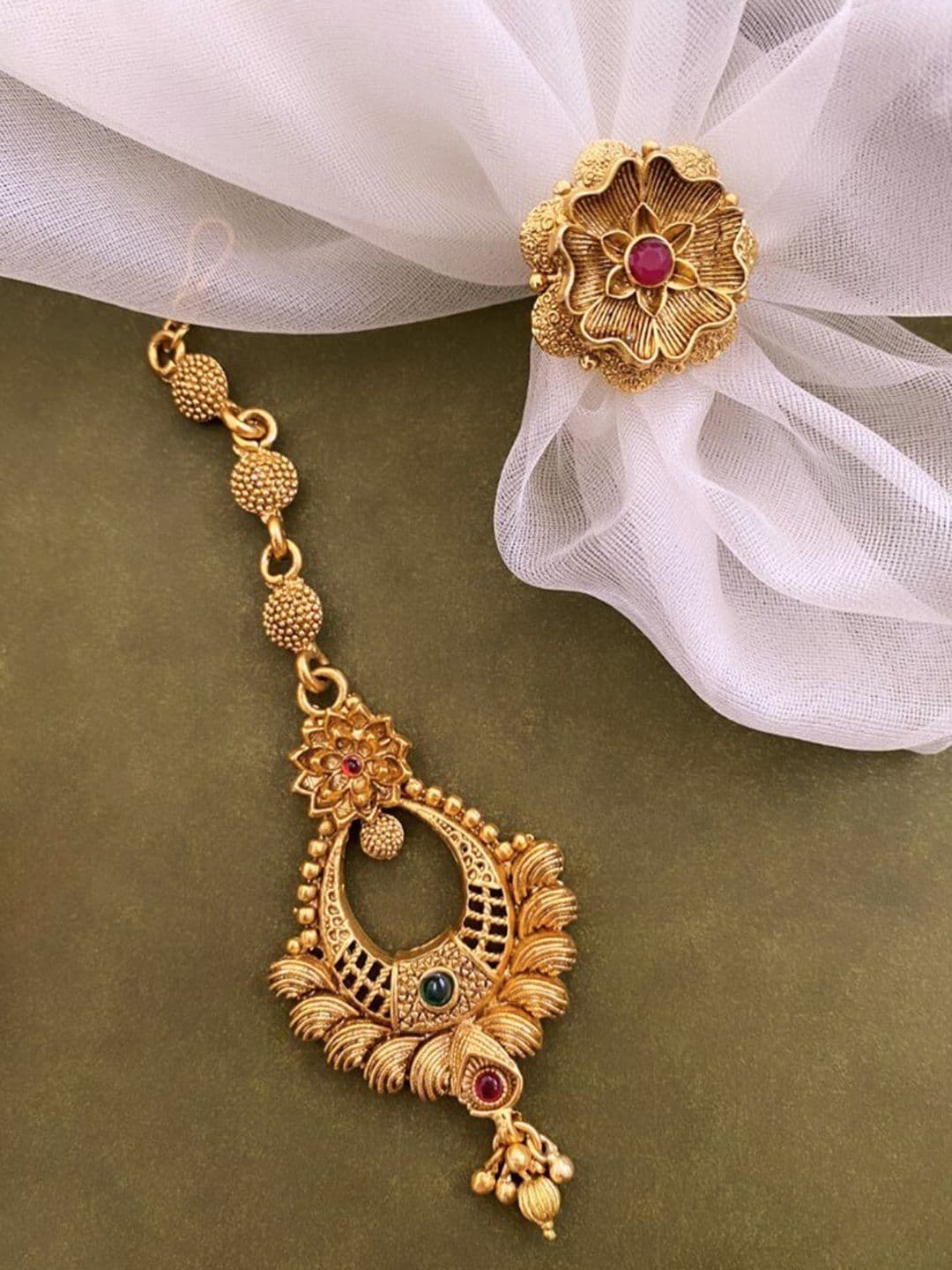 ATIBELLE Gold-Plated Stone-Studded Maang Tika & Finger Ring Jewellery Set