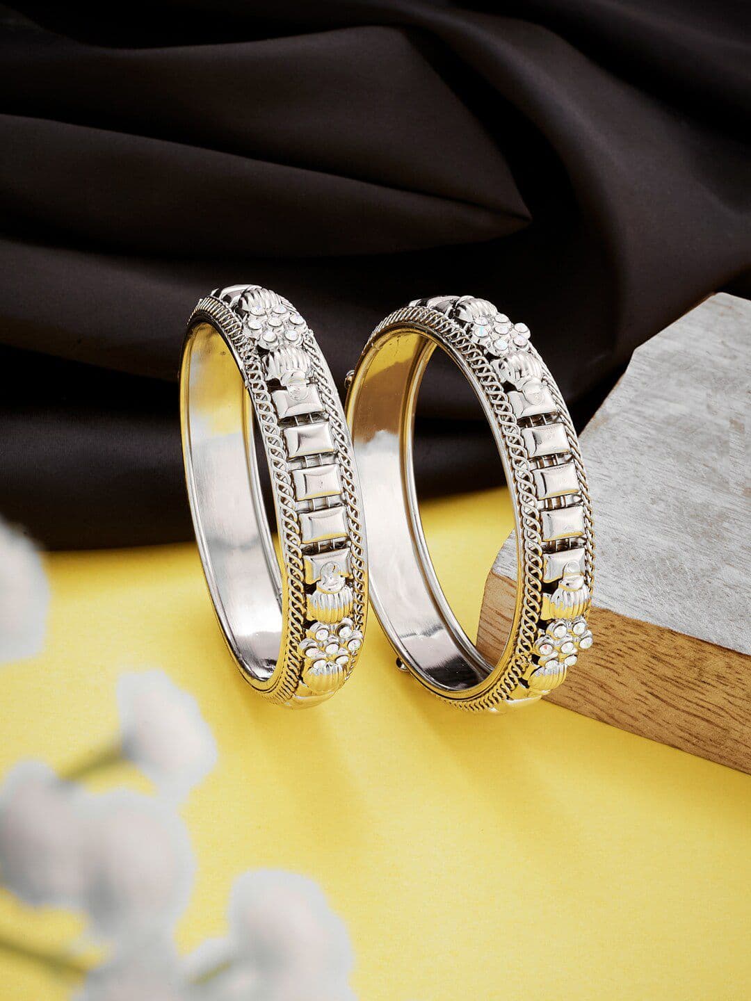 ATIBELLE Set Of 2 Silver-Plated Floral Stones-Studded Bangle - Image 1