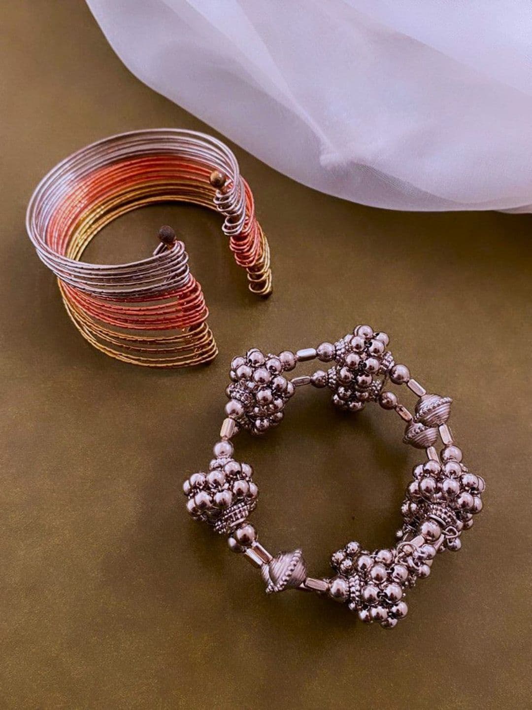 ATIBELLE Set Of 2 Silver-Plated Tri-Toned Bangles - Image 1