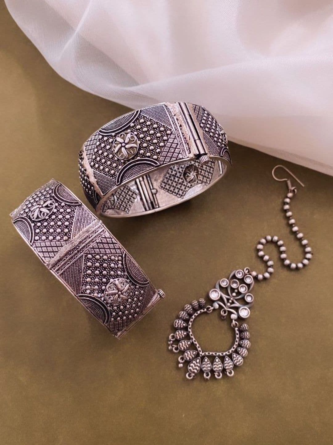 ATIBELLE Silver-Plated Oxidised Kada Bangle & Maangtikka Jewellery Set