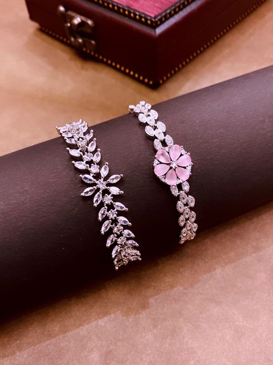 ATIBELLE Set of 2 Rhodium-Plated Cubic Zirconia-Studded Wraparound Bracelets