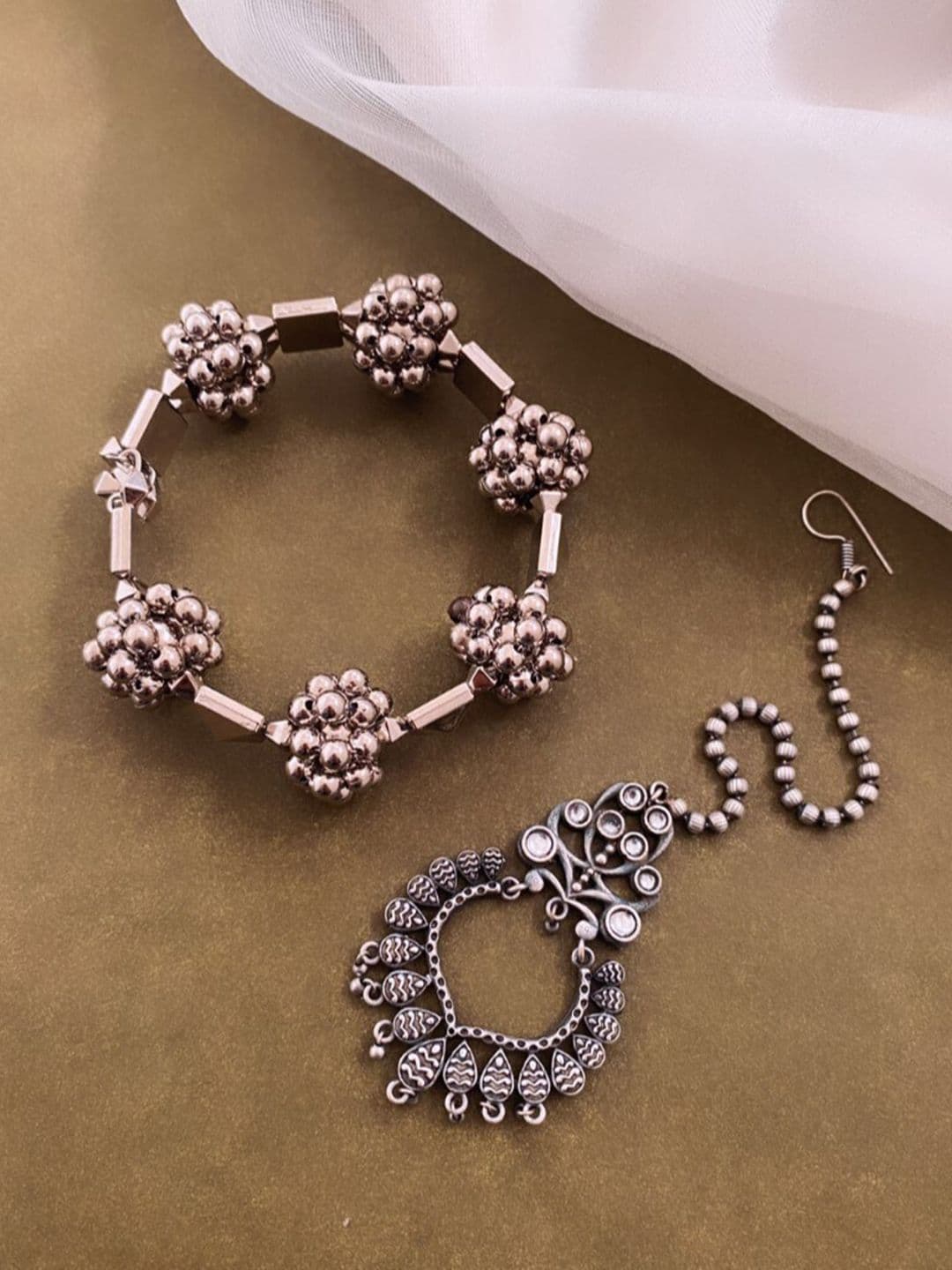 ATIBELLE Set of 2 Silver-Plated Stone-Studded Maang Tika & Bangle Jewellery Set