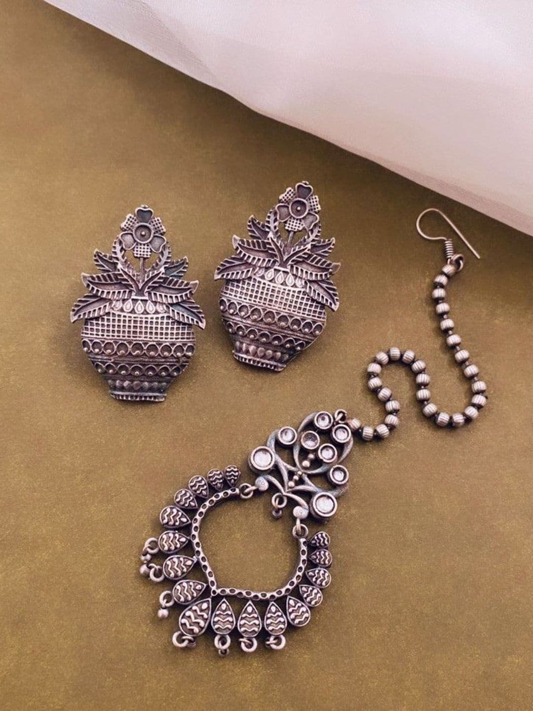 ATIBELLE Silver-Plated Oxidised Drop Earrings With Maang Tikka Jewellery Set