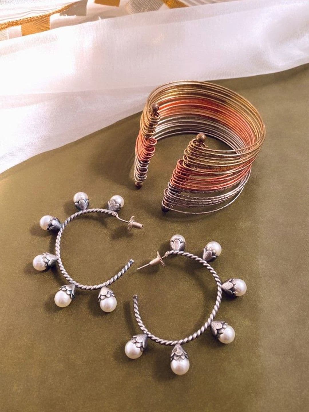 ATIBELLE Silver-Plated Beaded Hoops Earrings With Bangle Jewellery Set