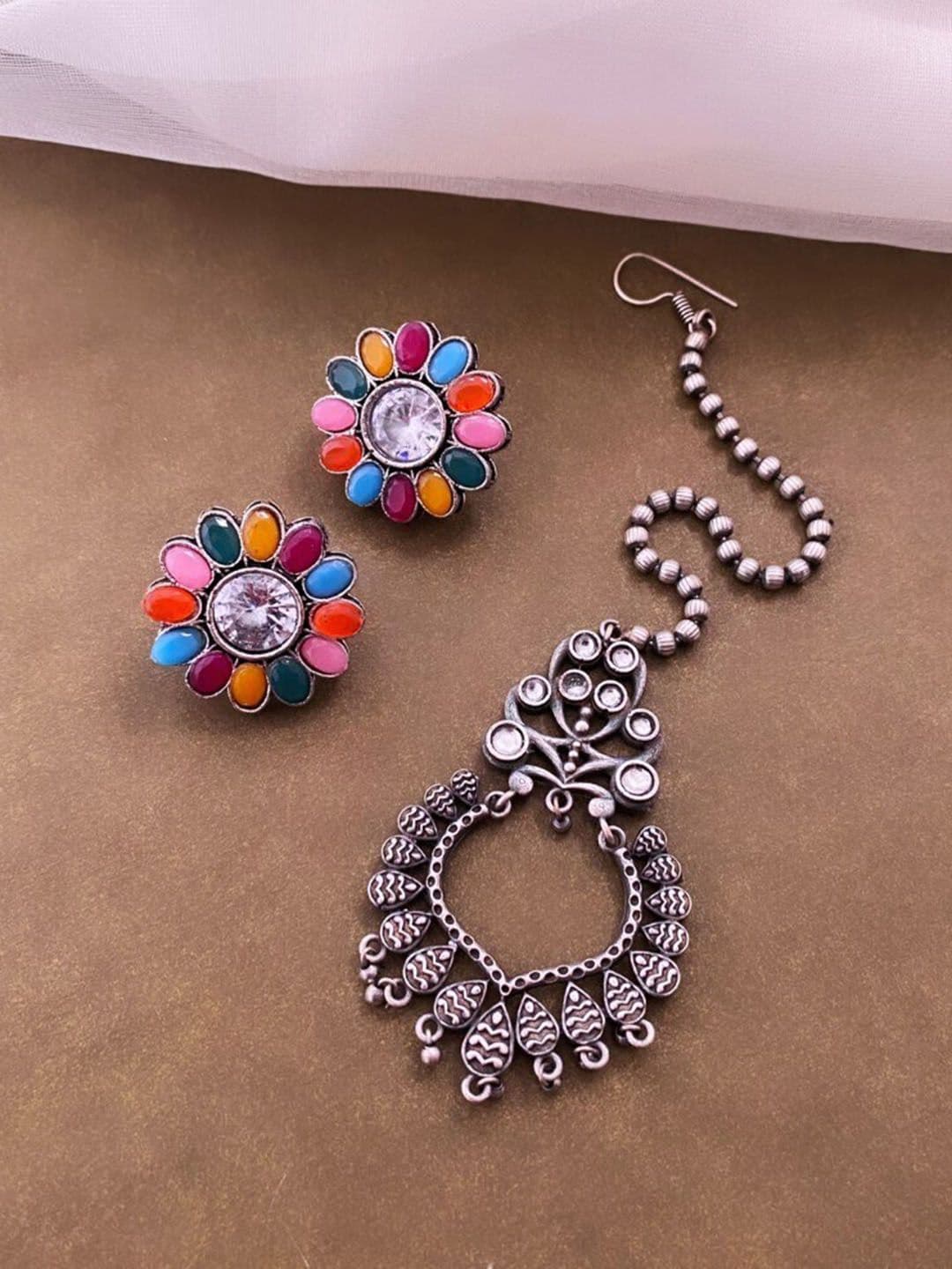 ATIBELLE Set Of 2 Silver-Plated Stones-Studded Jewellery Set