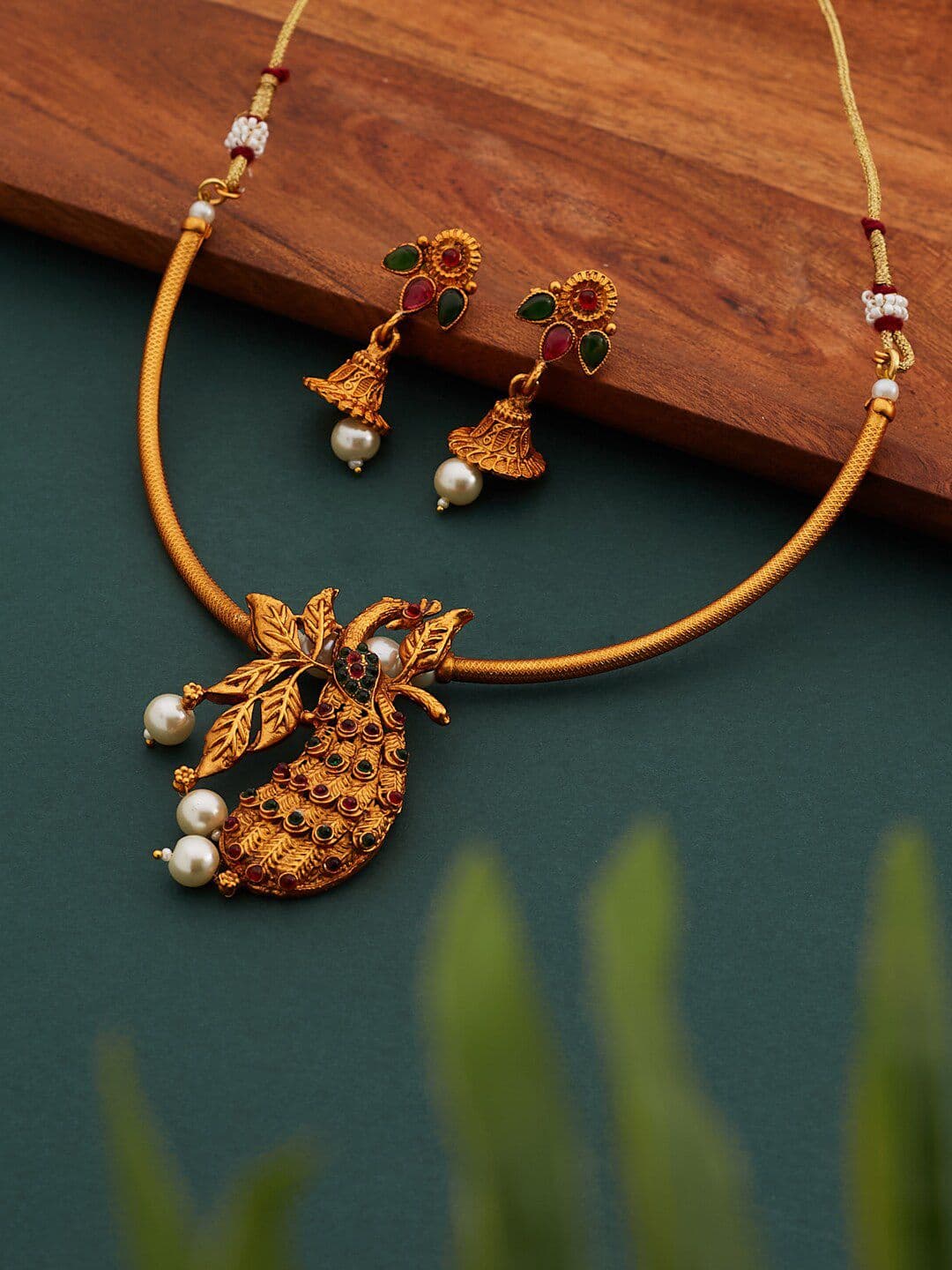 ATIBELLE Gold-Plated Stones Studded & Beaded Peacock Shaped Jewellery Set - Image 1