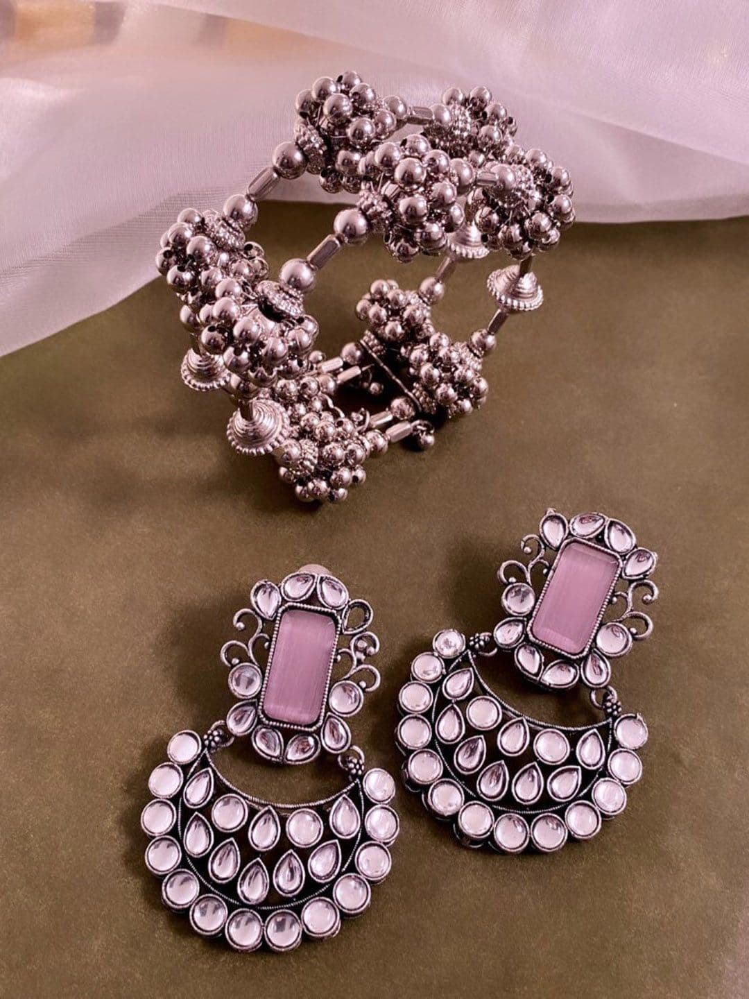 ATIBELLE Set Of 2 Silver-Plated Kundan Stone-Studded Jewellery Set