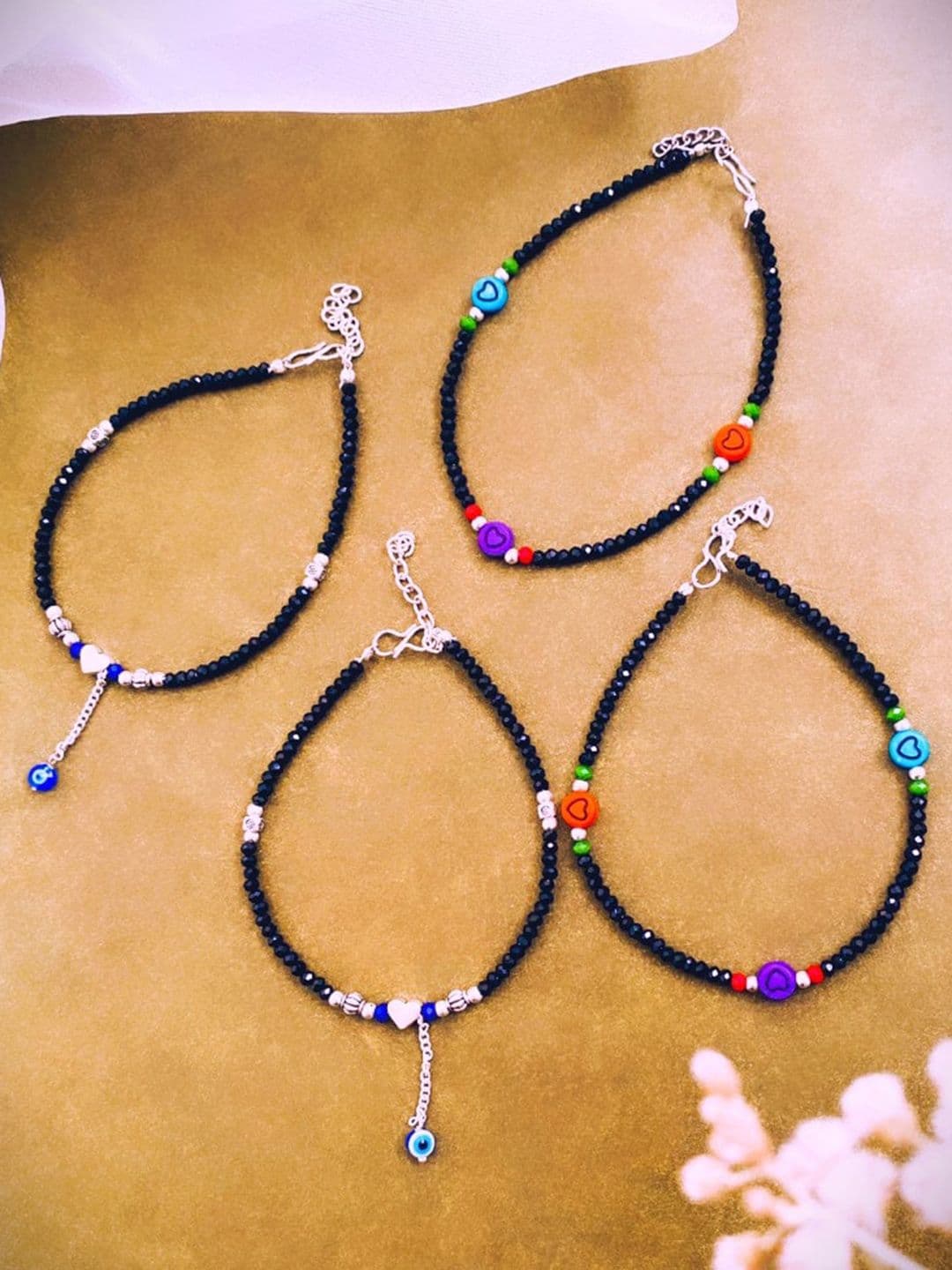 ATIBELLE Set Of 4 Silver-Plated Stone Studded & Beaded Anklets - Image 1