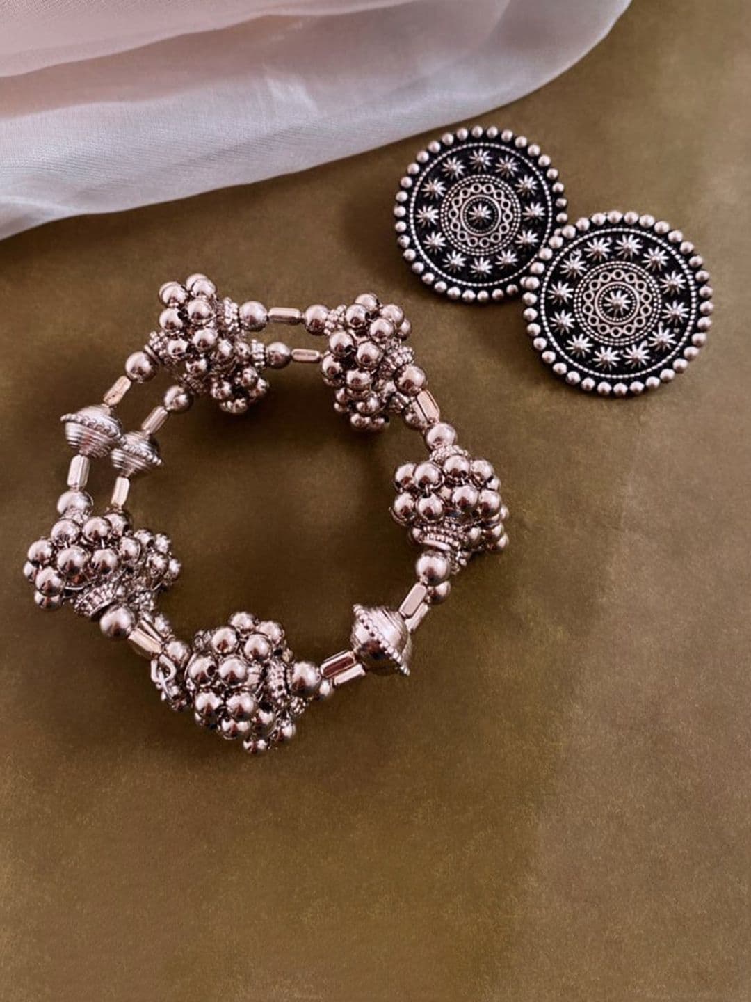 ATIBELLE Set Of 2 Silver-Plated Beaded Bangles With Pair Of Earrings Jewellery Set