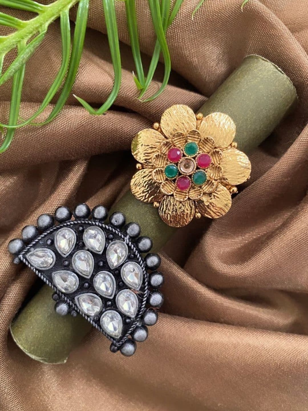 ATIBELLE Set Of 2 Gold & Silver Plated Stone-Studded & Beaded Adjustable Finger Ring - Image 1