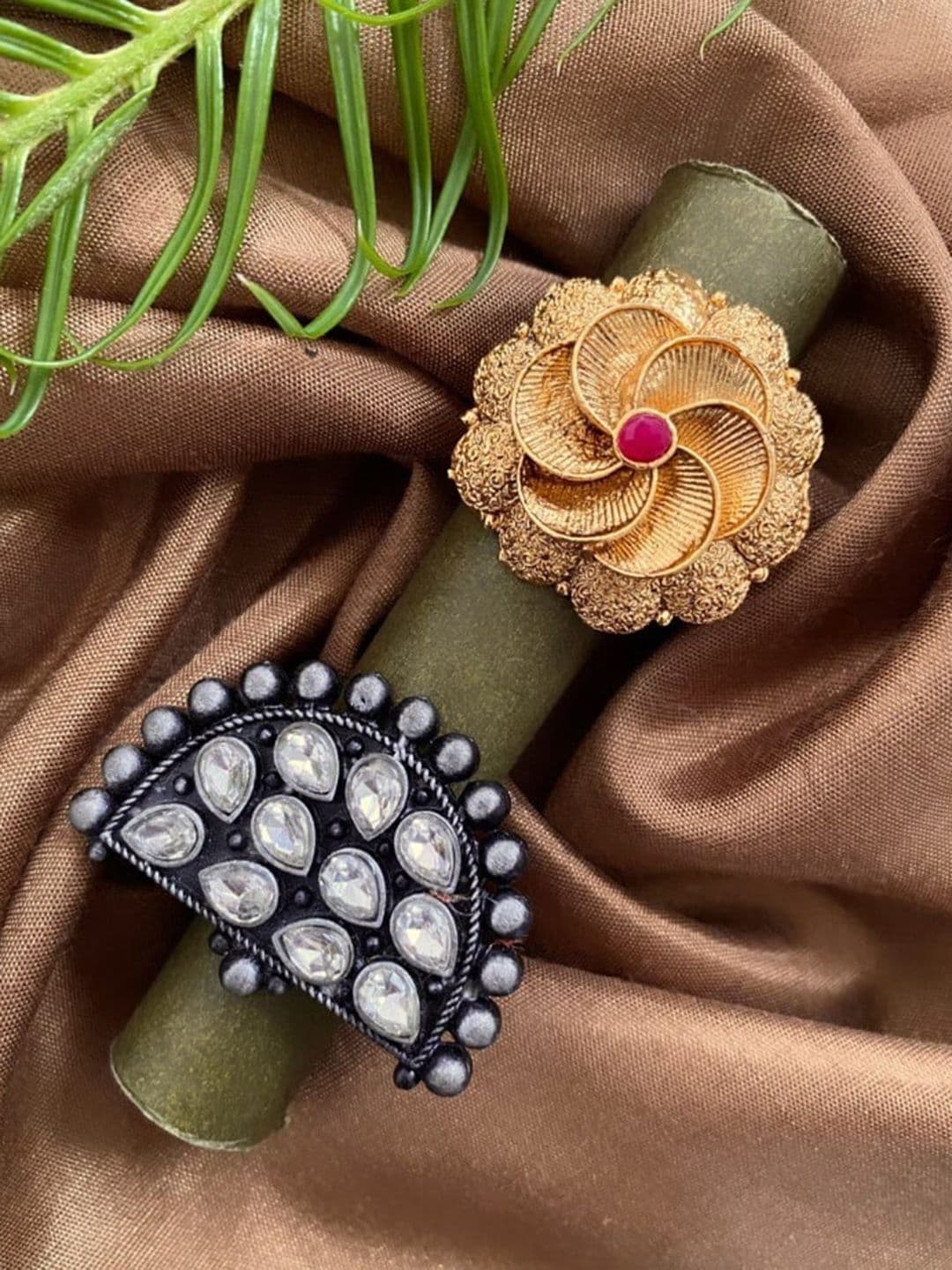ATIBELLE Set of 2 Gold & Silver-Plated Artificial Stones and Beads Adjustable Finger Ring - Image 1