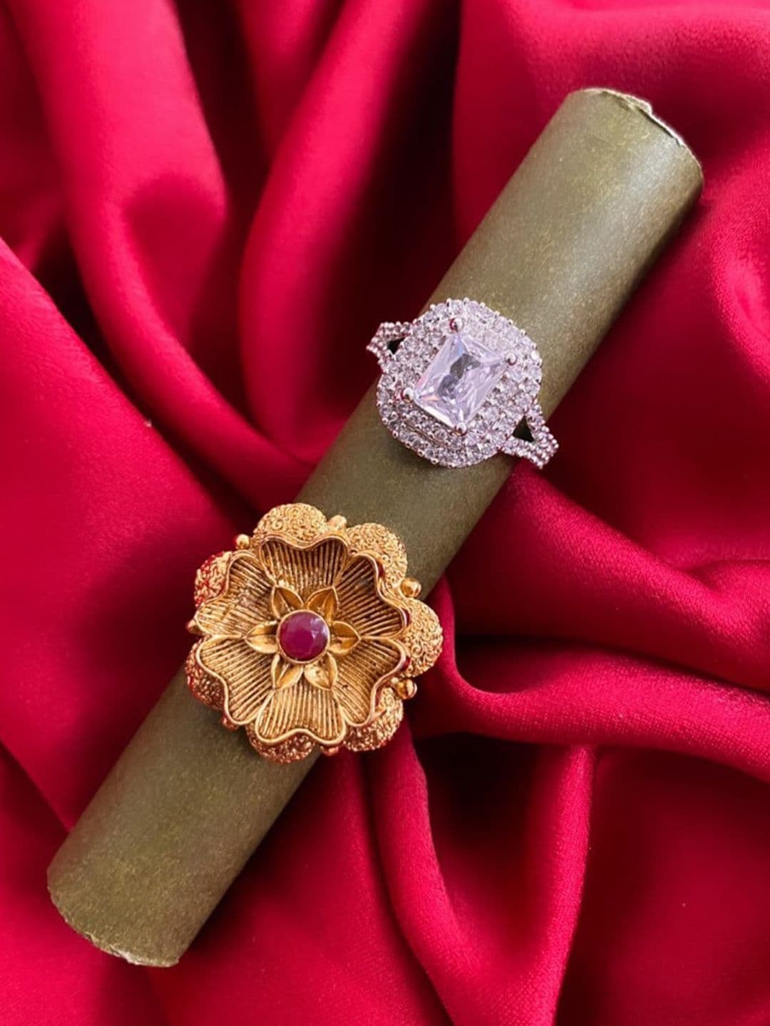 ATIBELLE Set Of 2 Gold-Plated stone-Studded & Rhodium-Plated CZ-Studded Finger Rings - Image 1